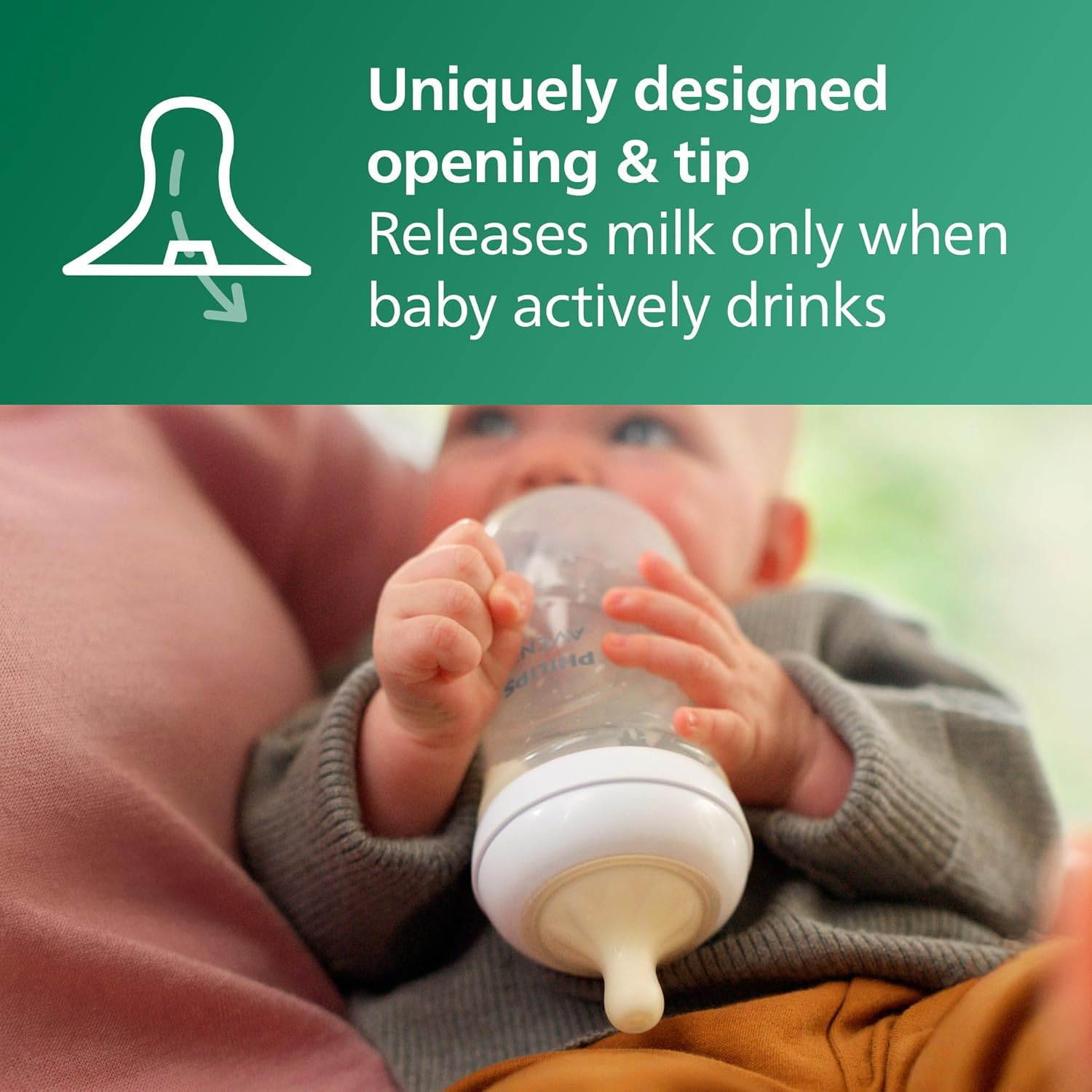 Highlights the bottle's special opening and tip that only releases milk when the baby actively drinks, preventing spills and waste.