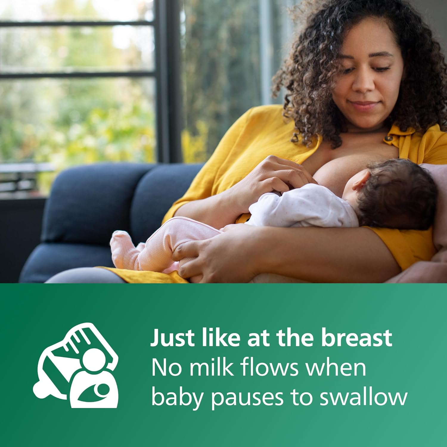 Highlights how the product mimics natural breastfeeding by stopping milk flow when the baby pauses, reassuring mothers of a more authentic feeding experience.