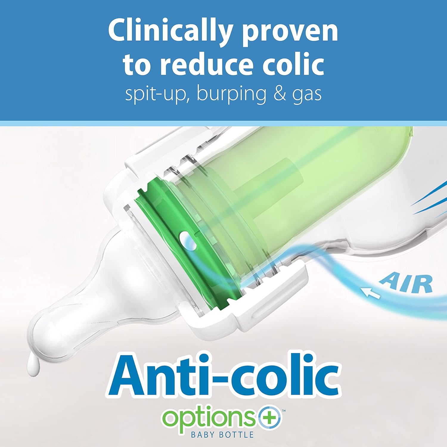Highlights the product's clinically proven ability to reduce colic, spit-up, burping, and gas in babies.