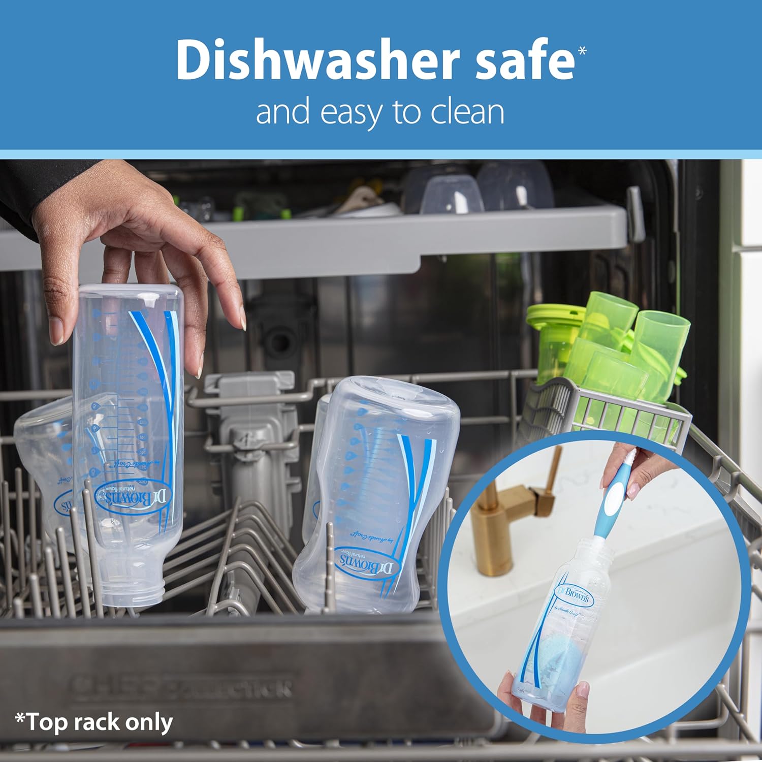 Highlights that the product is dishwasher safe and easy to clean, emphasizing convenience for the user.
