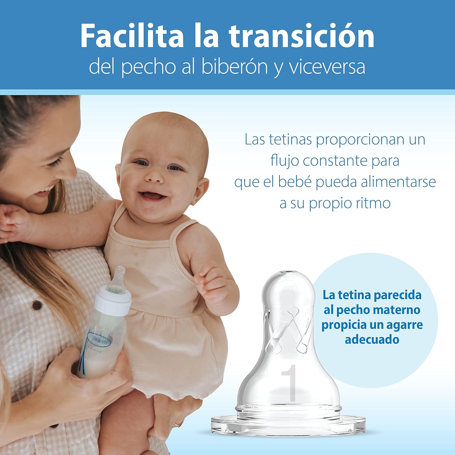 Highlights how the bottle nipple facilitates an easy transition between breastfeeding and bottle feeding for babies.