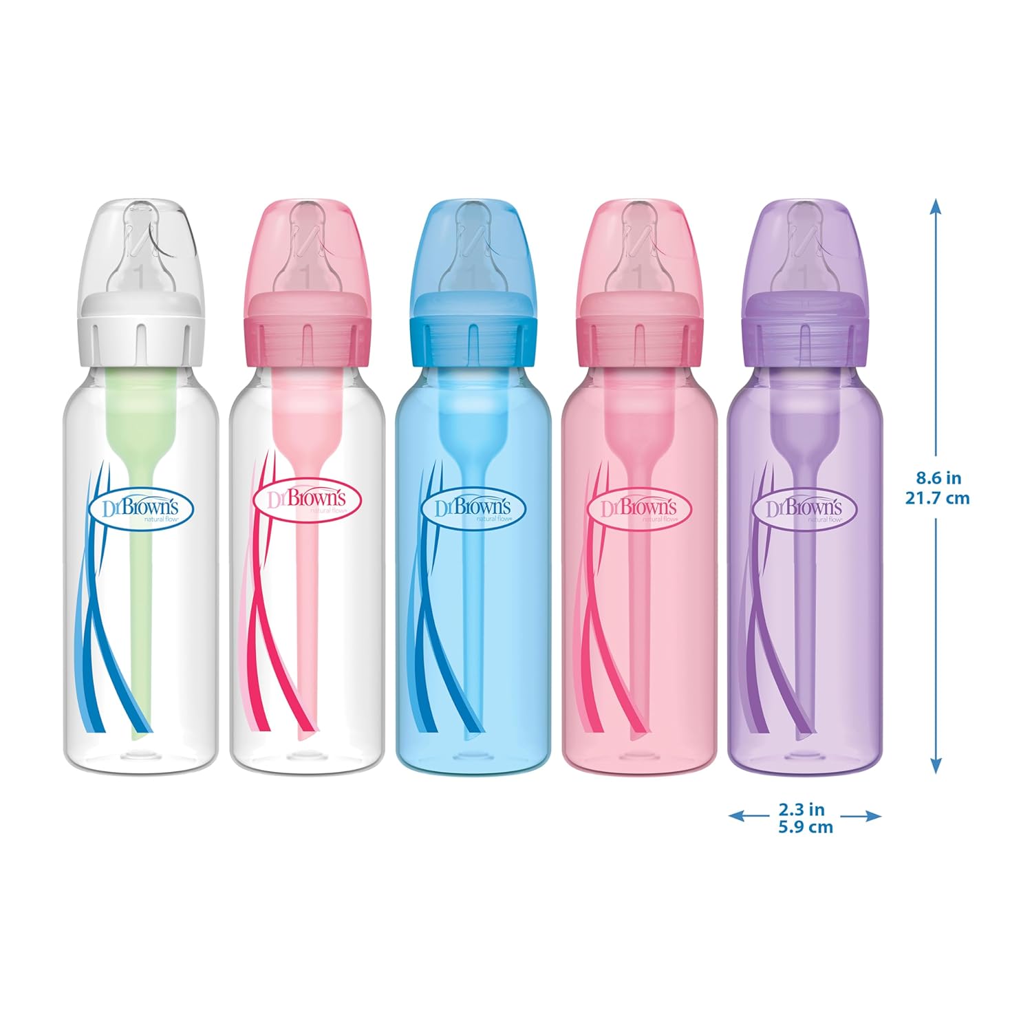 Provides exact measurements of the baby bottles to help shoppers understand the size and capacity. Shows the range of bottle colors available in the set, allowing customers to see the product…