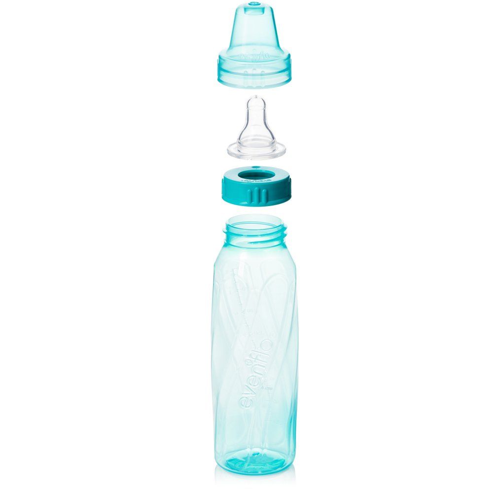 Shows the different parts of the baby bottle to demonstrate its design and assembly.