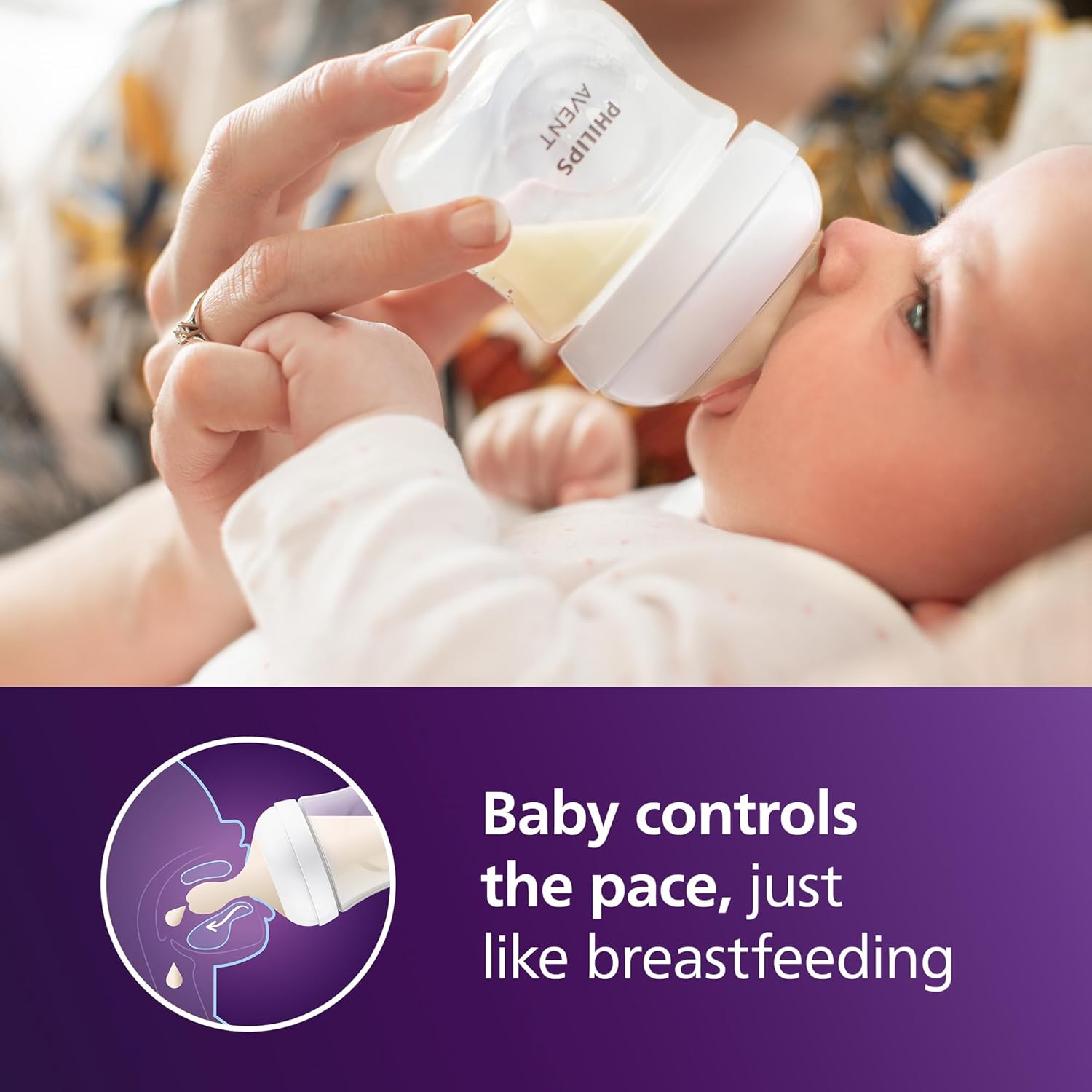 Highlights that the bottle allows the baby to control the pace of feeding, similar to breastfeeding.