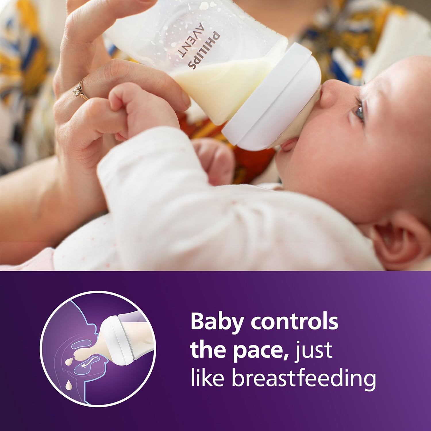 Highlights that the bottle allows the baby to control the pace of feeding, mimicking natural breastfeeding.