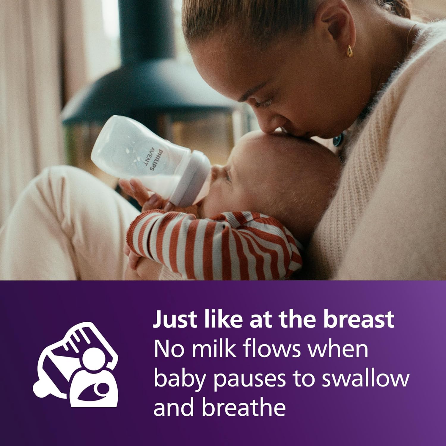 Highlights how the bottle mimics breastfeeding by stopping milk flow when the baby pauses, providing a more natural feeding experience.