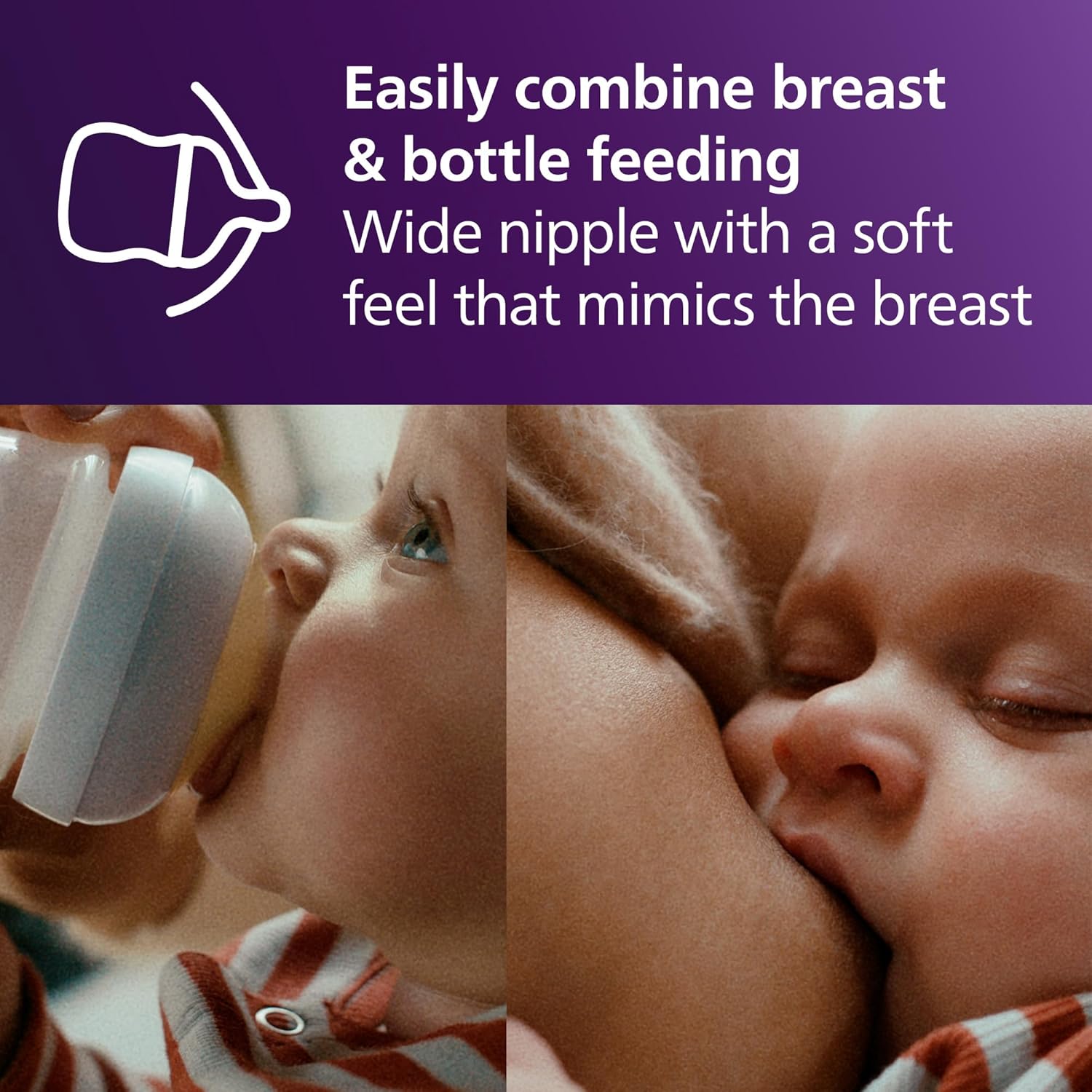 Highlights the bottle's wide nipple that mimics breastfeeding, making it easy to combine breast and bottle feeding.