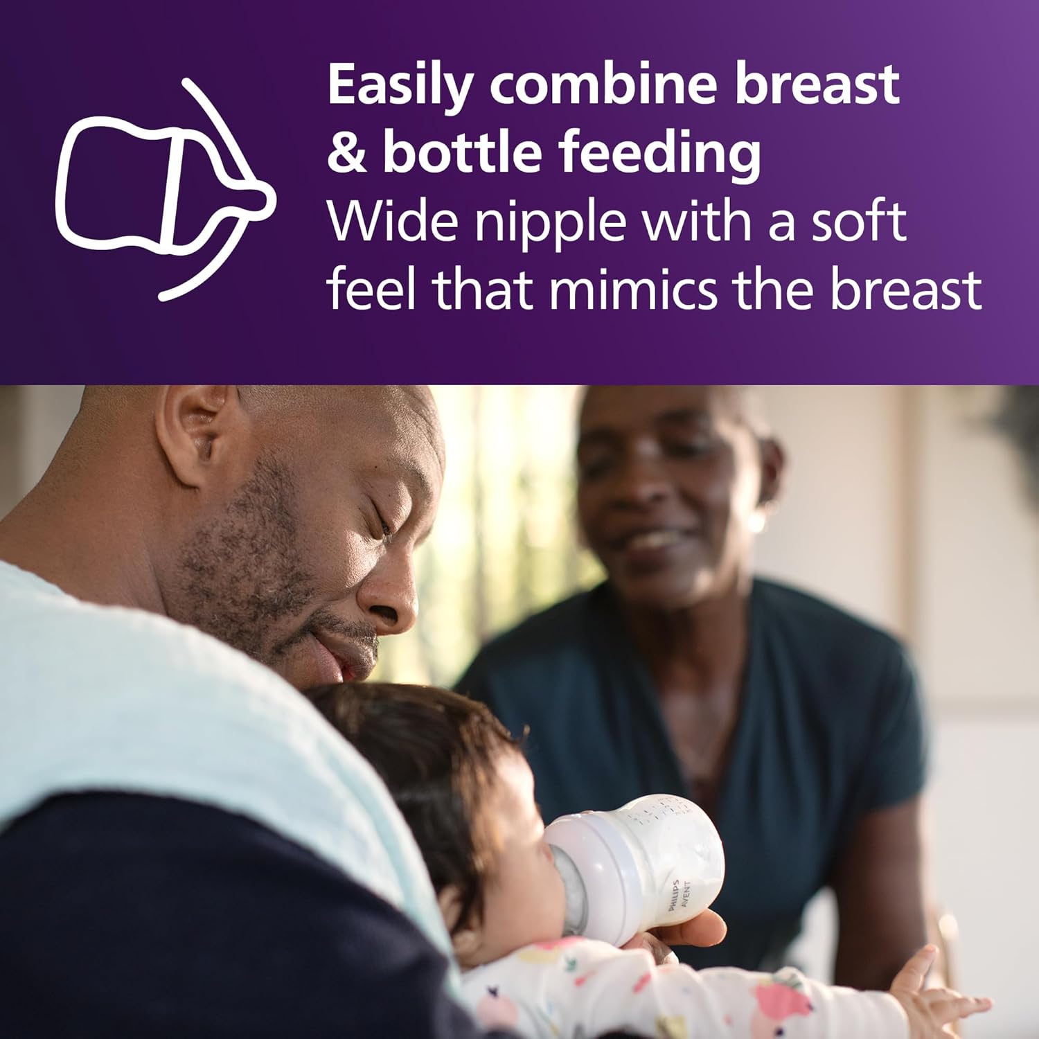 Highlights the bottle's wide nipple design that mimics breastfeeding, making it easier to combine breast and bottle feeding.