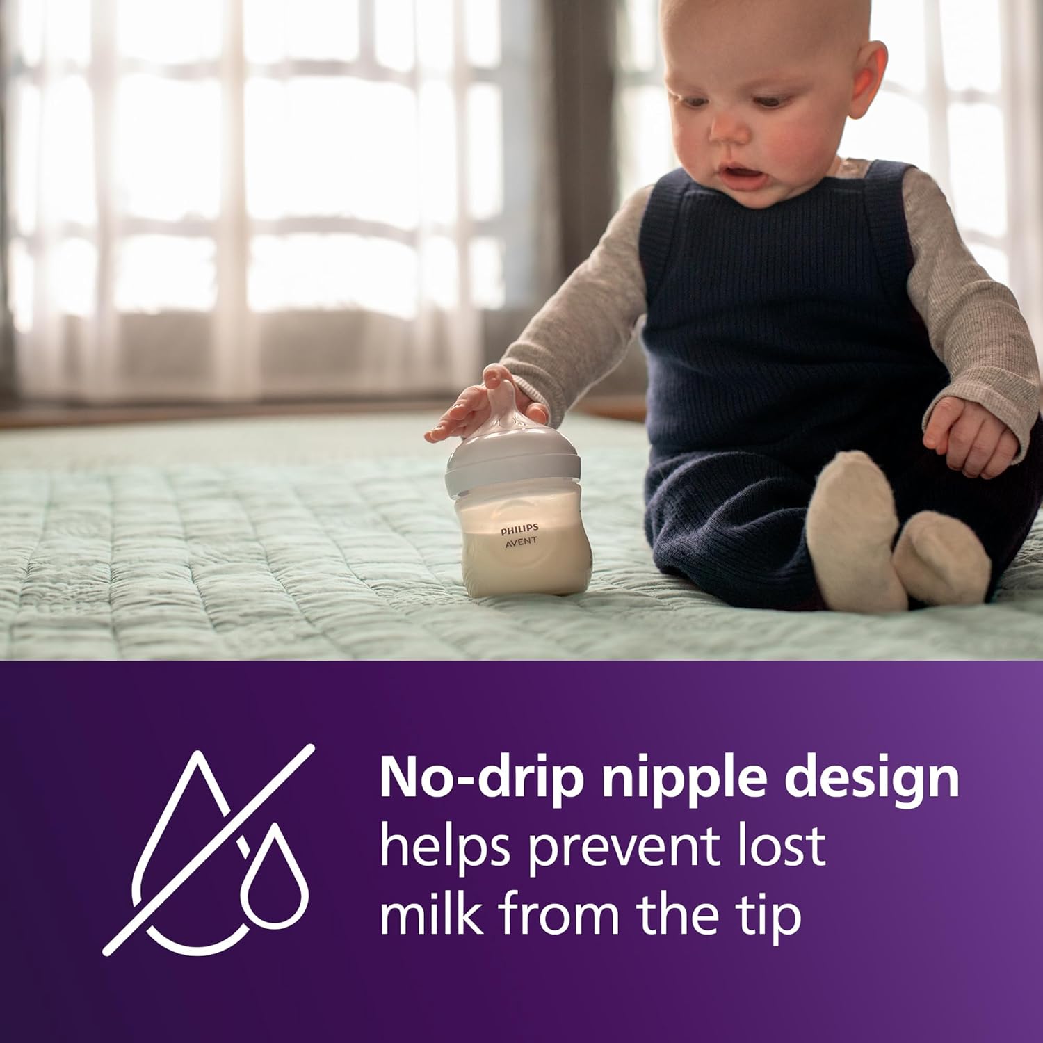Highlights the bottle's no-drip nipple feature to reassure parents about preventing milk loss and mess.