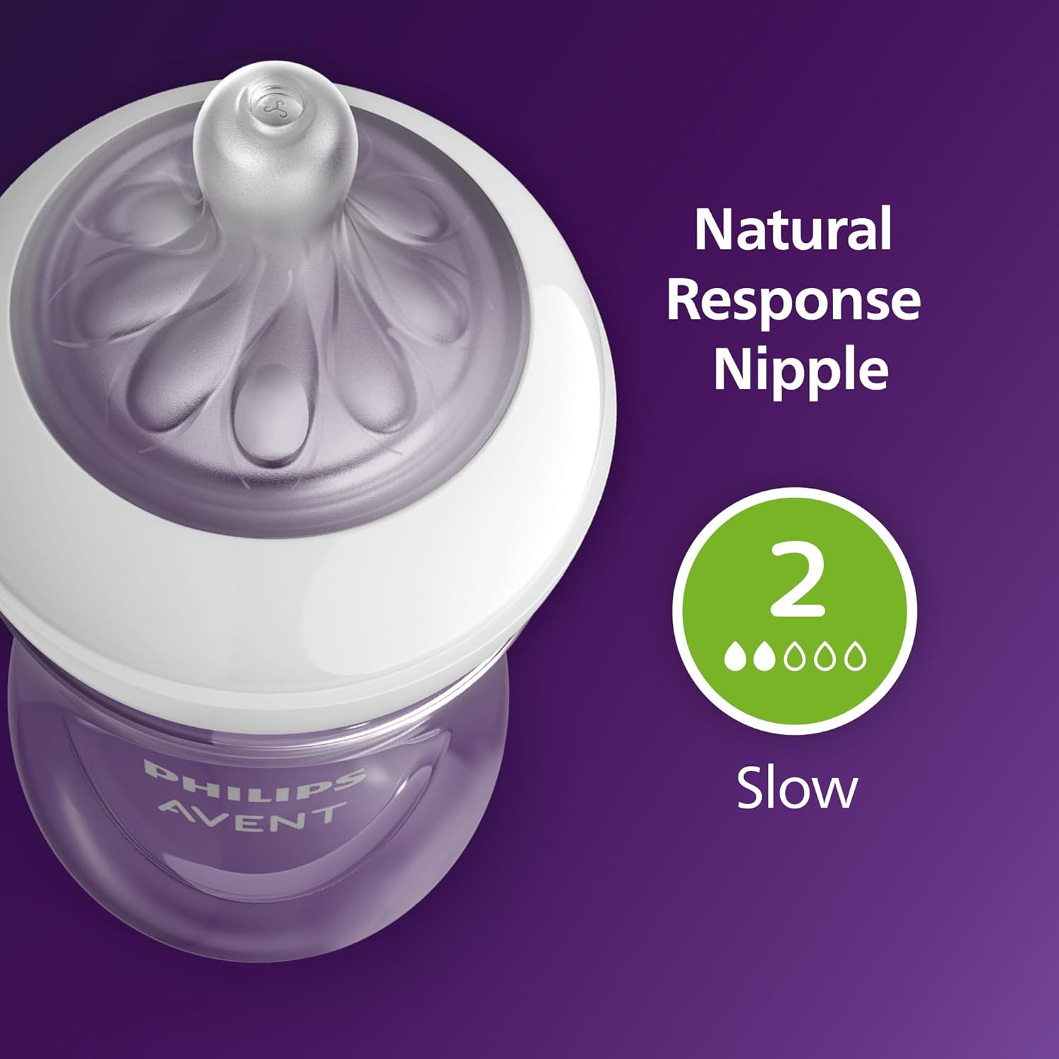 Highlights the bottle's natural response nipple feature, emphasizing its slow flow rate for controlled feeding.