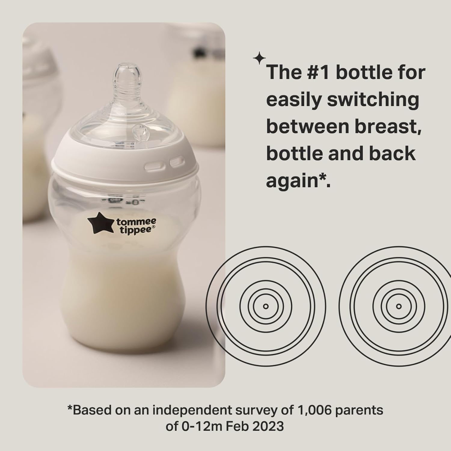 Highlights the bottle's key benefit of allowing easy switching between breast, bottle, and back again for feeding infants.