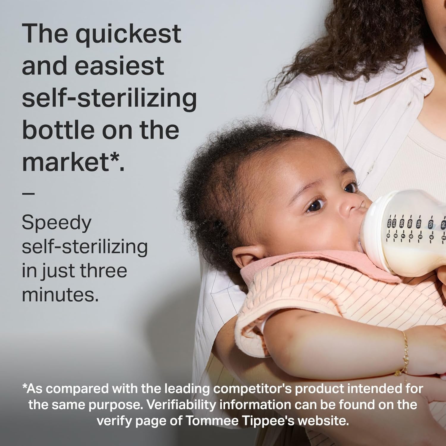 Highlights the product's unique selling point of being the fastest self-sterilizing bottle, emphasizing convenience for parents. Positions the product as superior to competitors by claiming it's the…