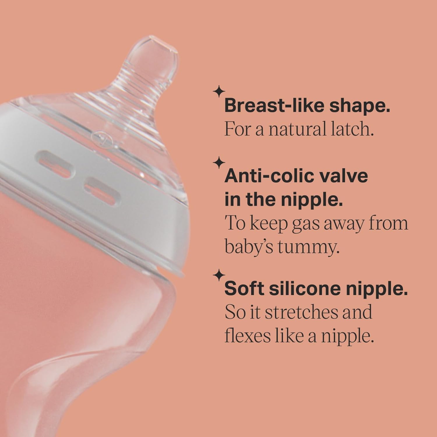Highlights key features of the baby bottle nipple to demonstrate its natural feel and anti-colic properties.
