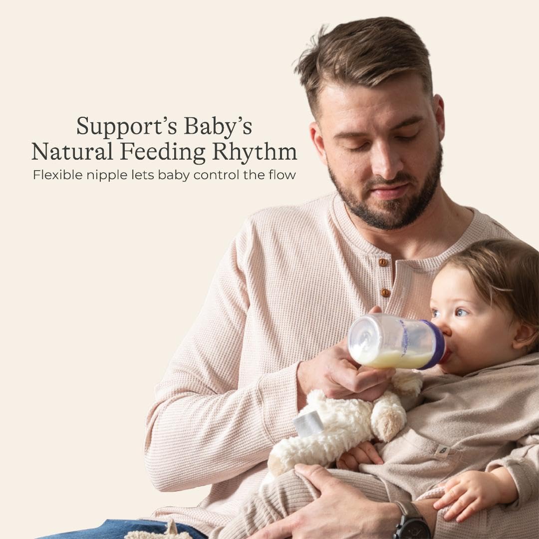 Highlights the bottle's flexible nipple feature that allows the baby to control the flow, supporting a natural feeding rhythm.