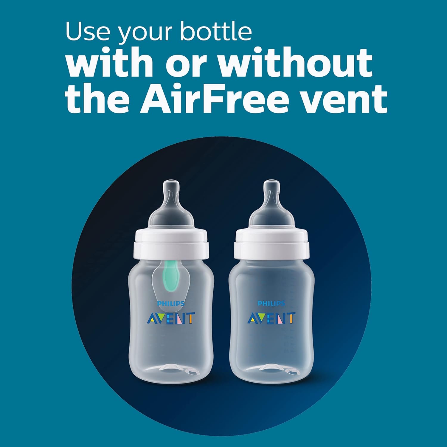Highlights the versatility of the bottle, showing it can be used with or without the AirFree vent feature.