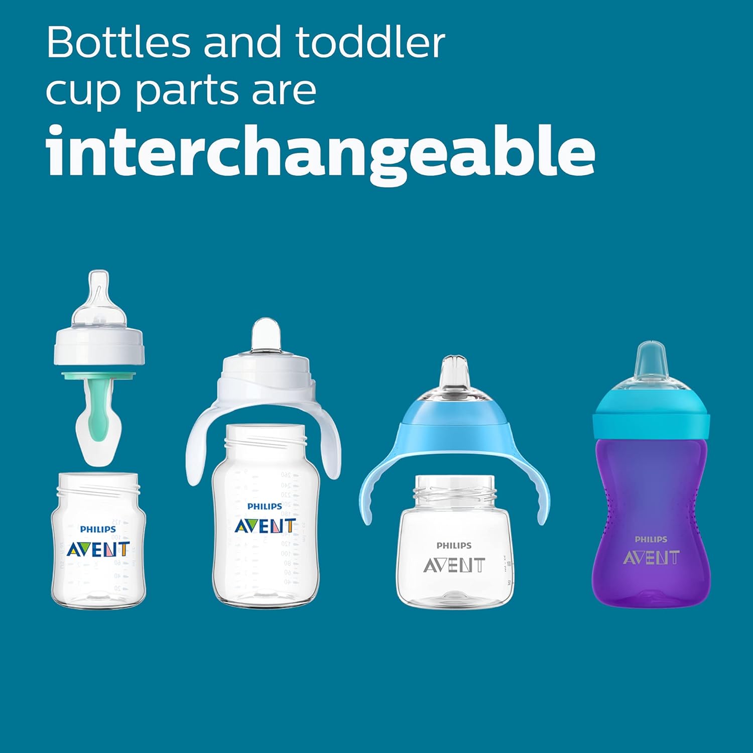 Highlights the versatility and convenience of the product line by showing that bottle and cup parts can be mixed and matched.