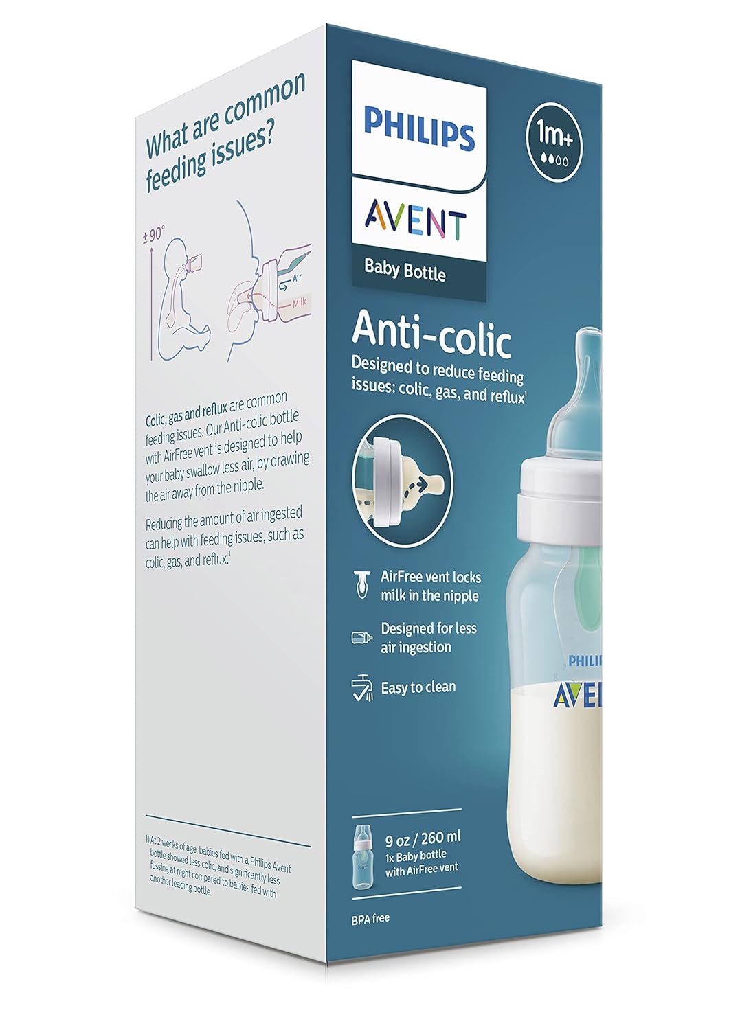 Highlights multiple features of the baby bottle designed to reduce feeding issues like colic, gas, and reflux.