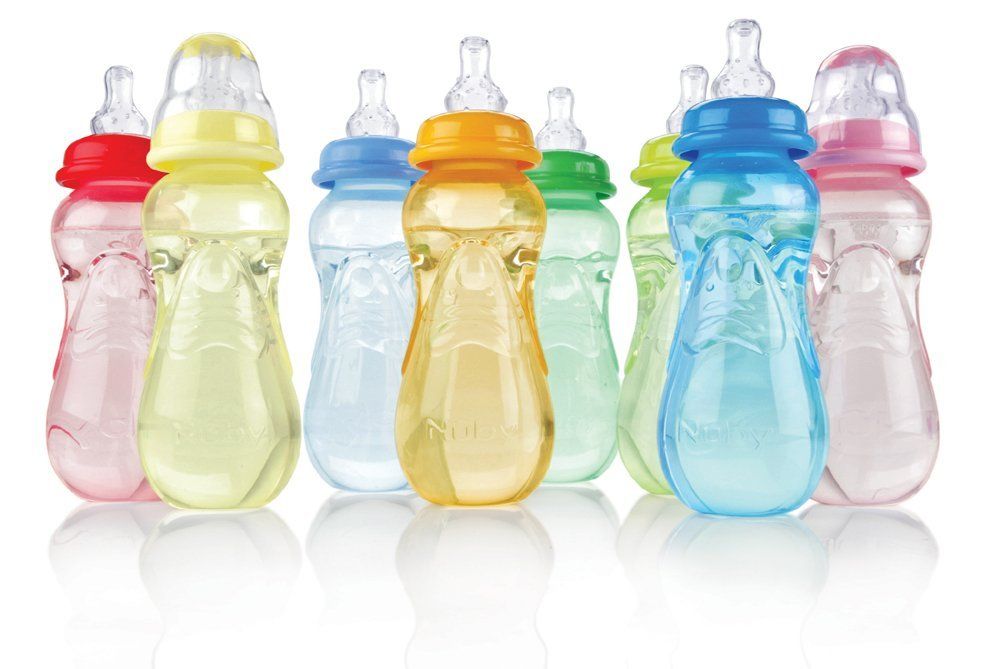 Showcases the variety of colors available for the baby bottles, allowing customers to see all options at once.