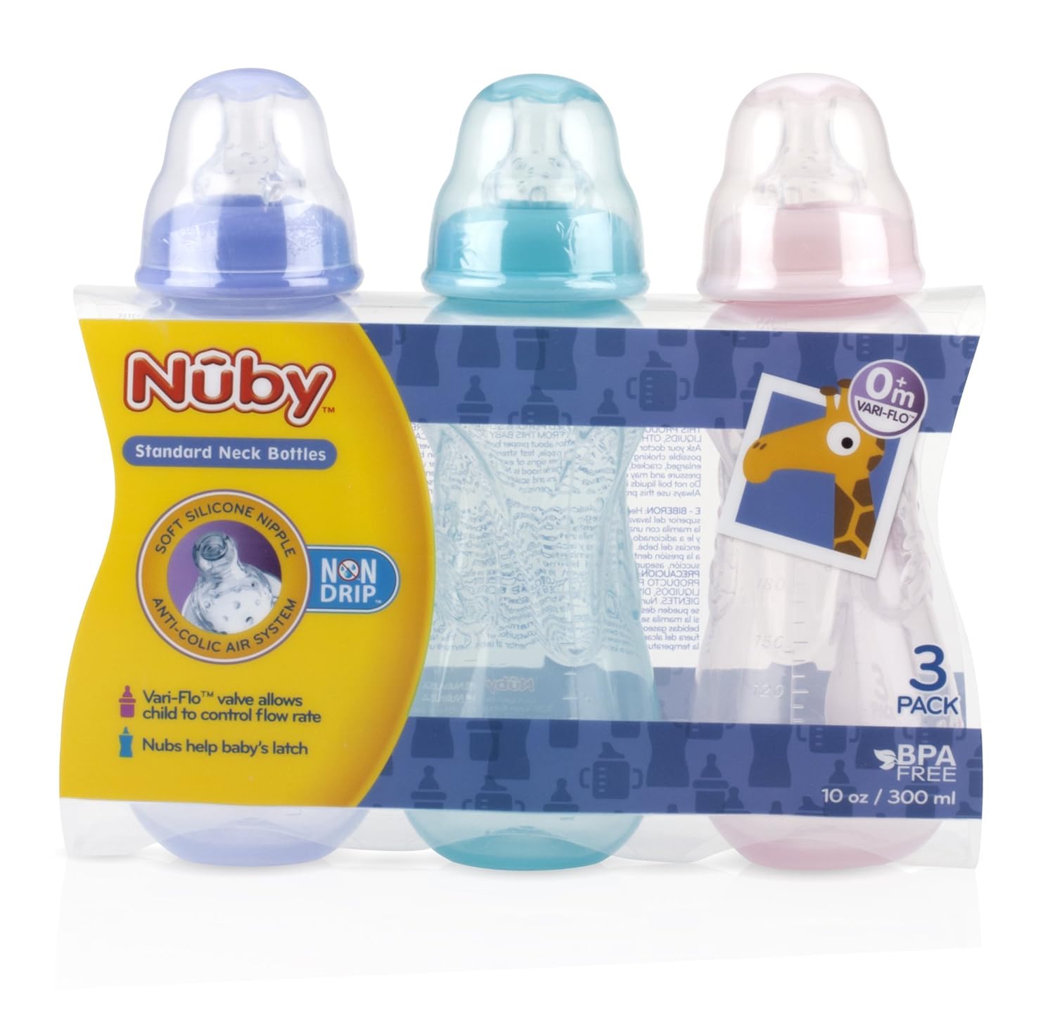Shows the complete set of three baby bottles included in the package, highlighting the different colors available. Emphasizes the safety features of the bottles, including BPA-free materials and an…