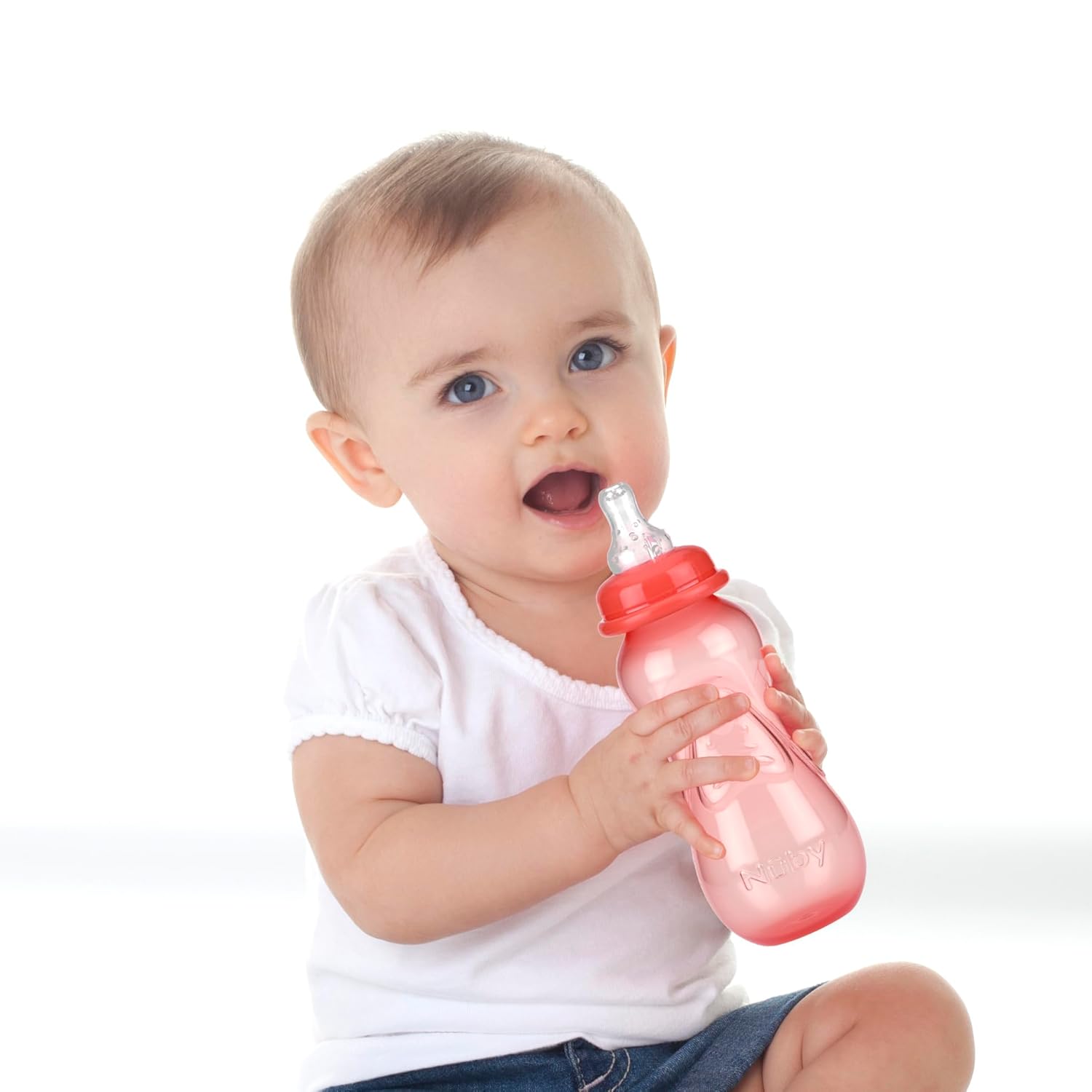 Shows a baby comfortably using the bottle, demonstrating its ease of use and suitability for infants.