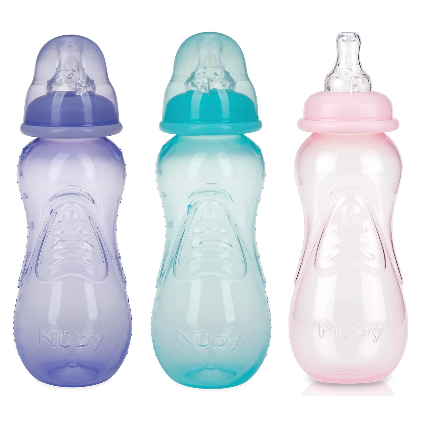 Shows the different color options available for the baby bottles, helping parents choose their preferred style.