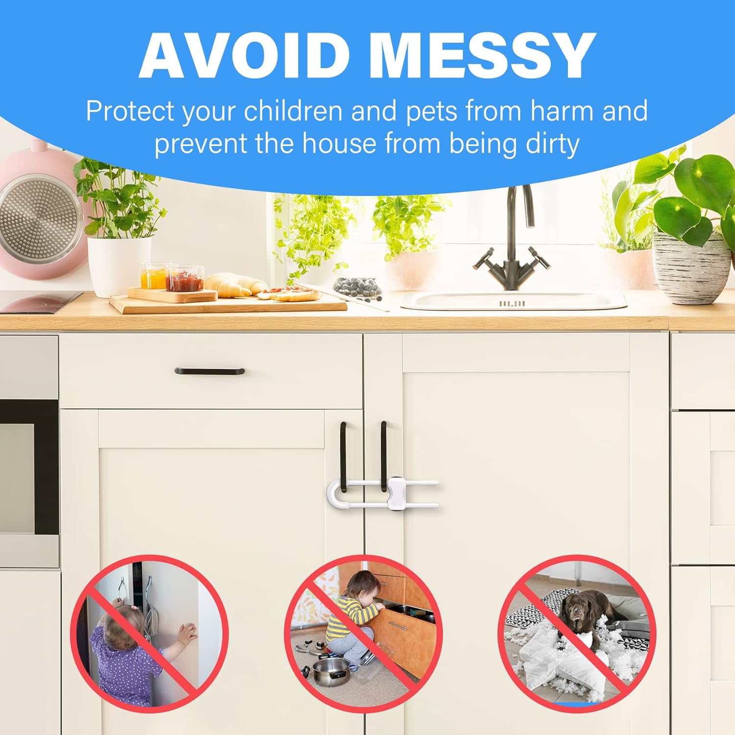 Highlights the problems of potential harm to children/pets and messy homes, setting up the product as a solution for safety and cleanliness.