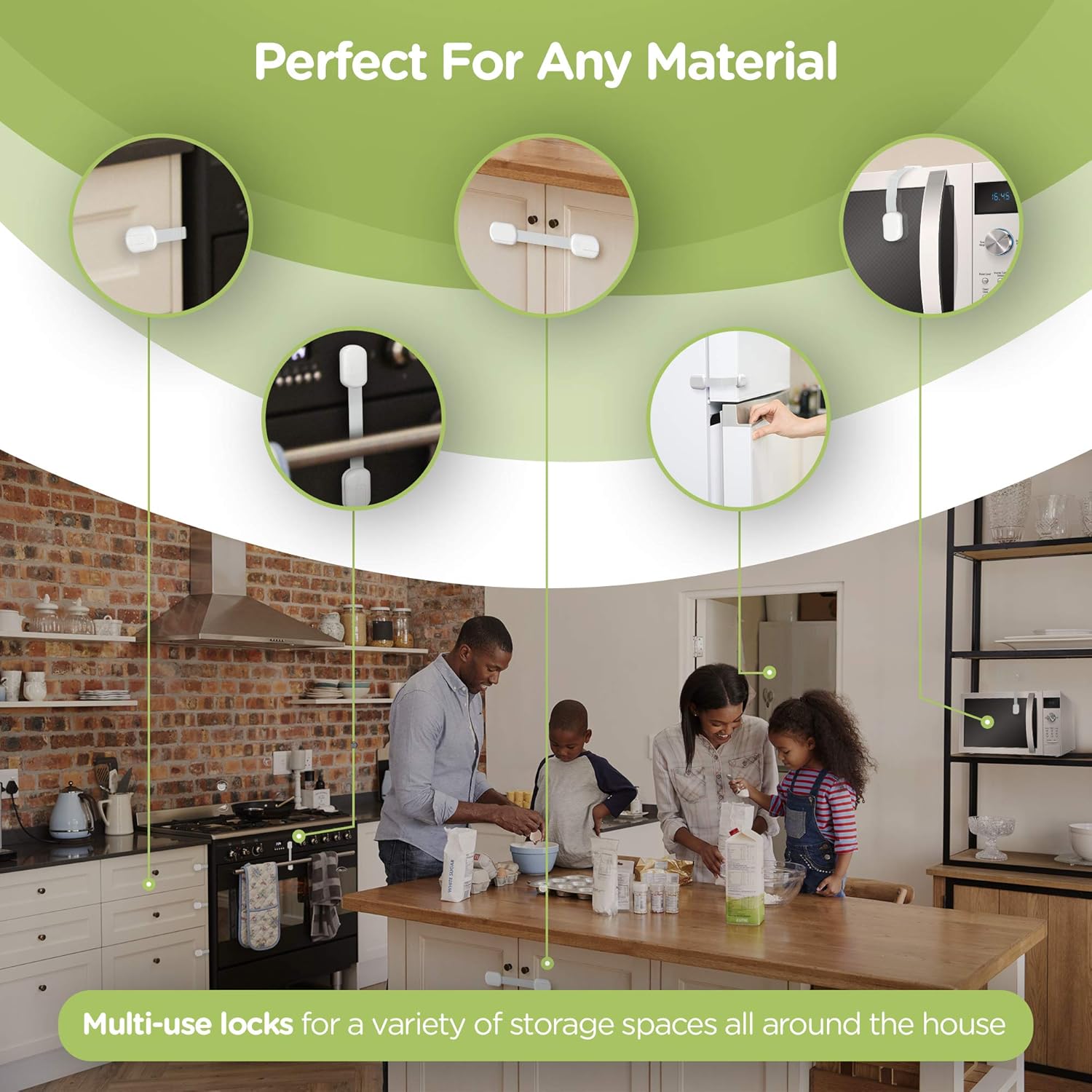 Demonstrates the product's versatility by showing it can be used on various surfaces and storage spaces throughout the home.