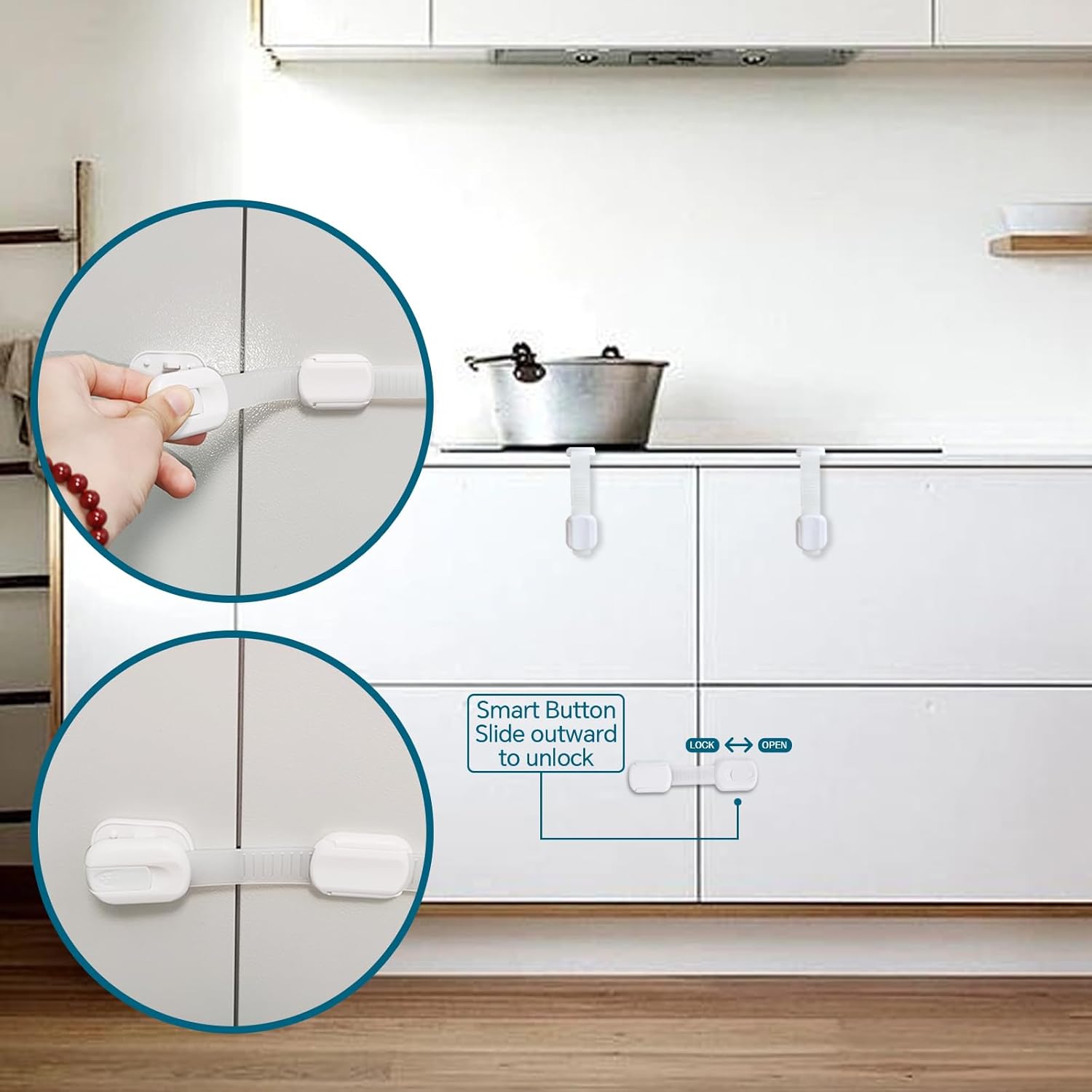 Demonstrates how the product secures cabinet doors to prevent children from accessing potentially dangerous items. Shows the simple process of attaching and using the childproof locks on cabinet…