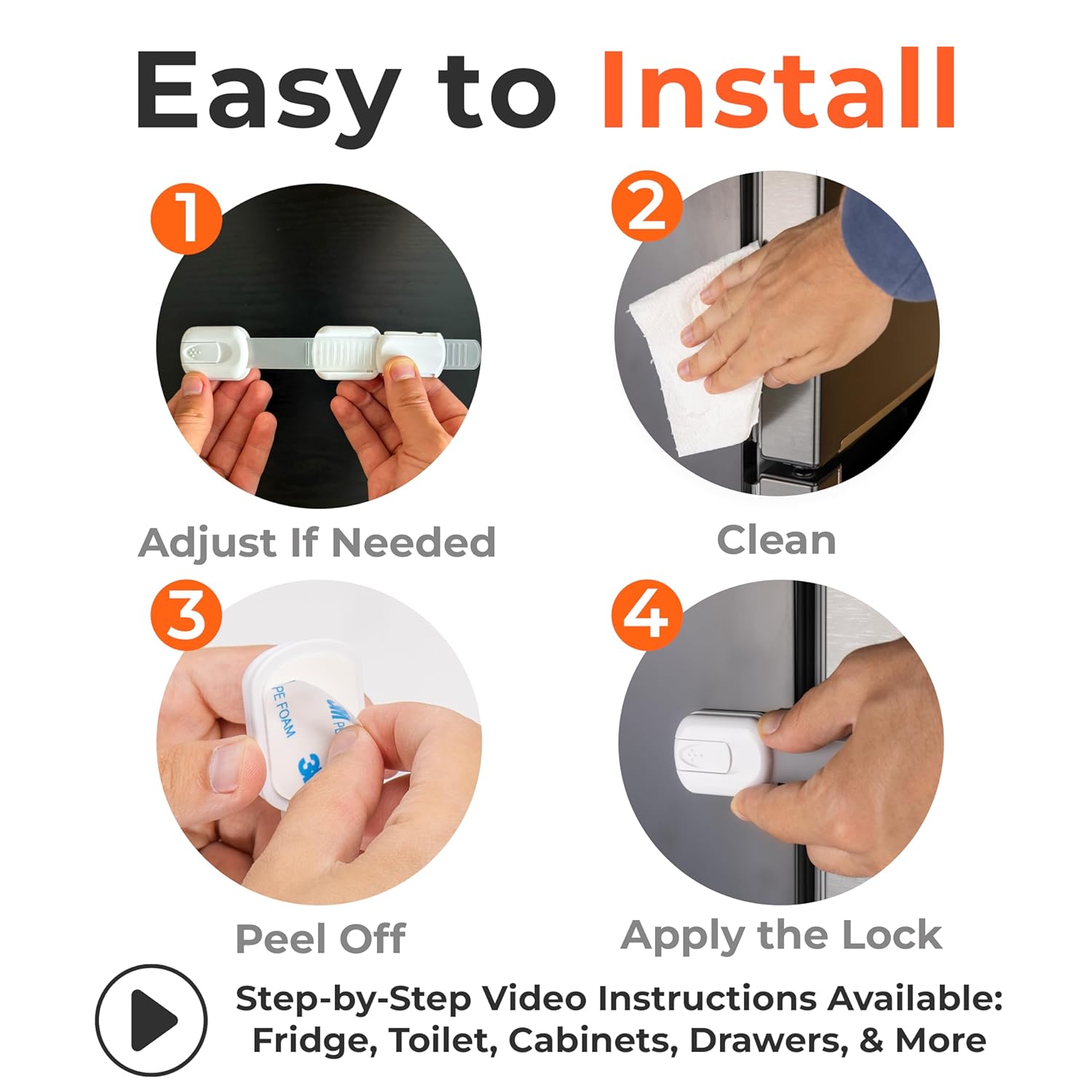 Demonstrates the simple 4-step process to install the product, reassuring customers about ease of use.