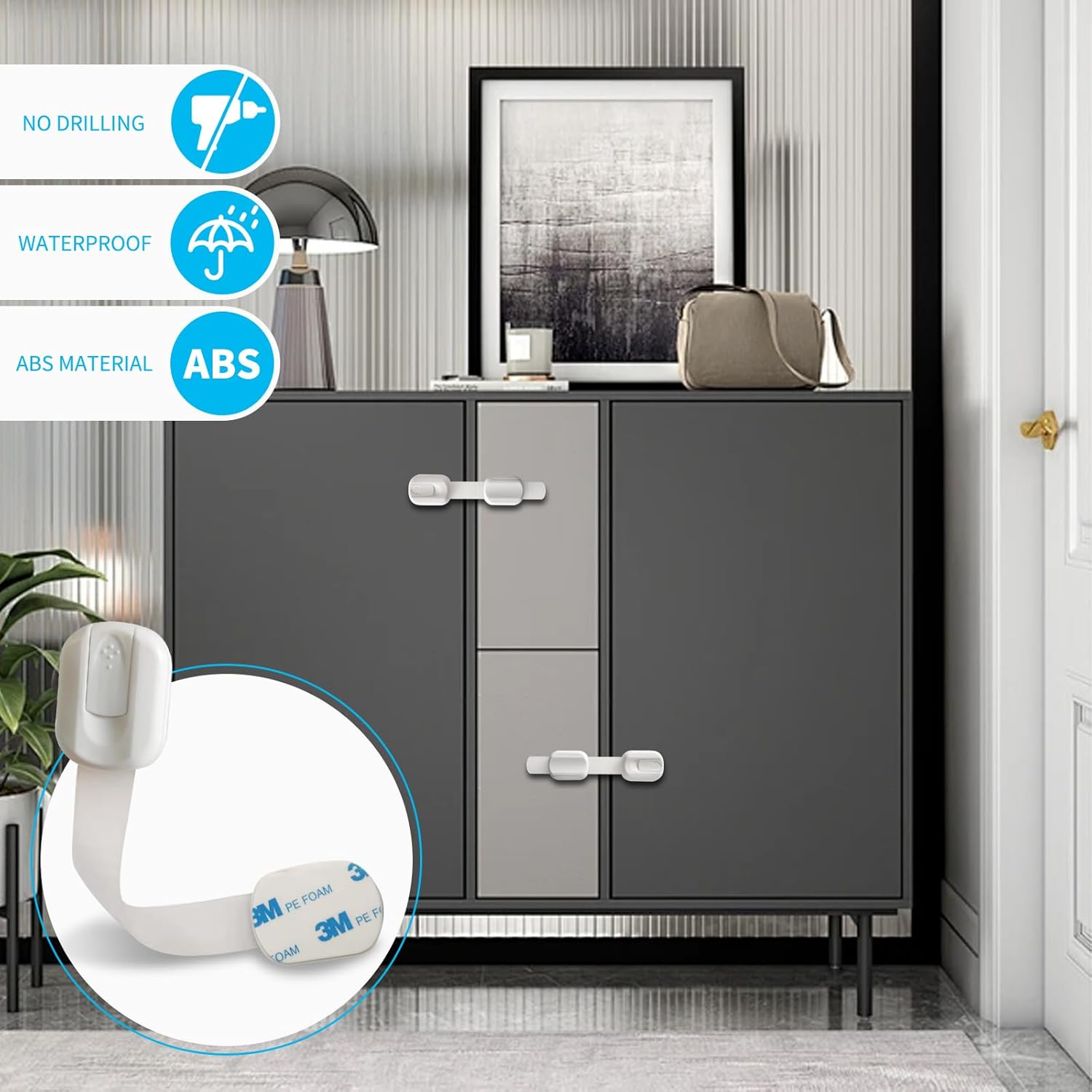 Highlights the safety features and ease of installation of the product, emphasizing its waterproof nature and durable ABS material construction.