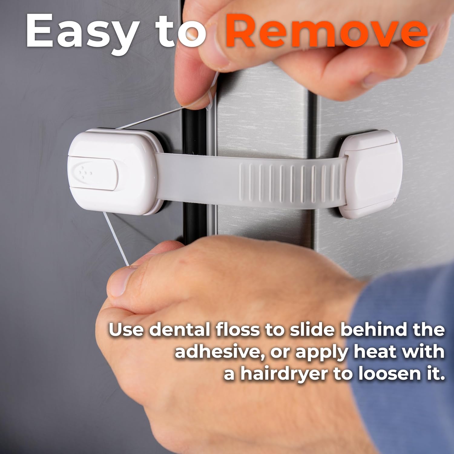Demonstrates how to easily remove the product using dental floss or heat, reassuring customers about the non-permanent nature of the installation.