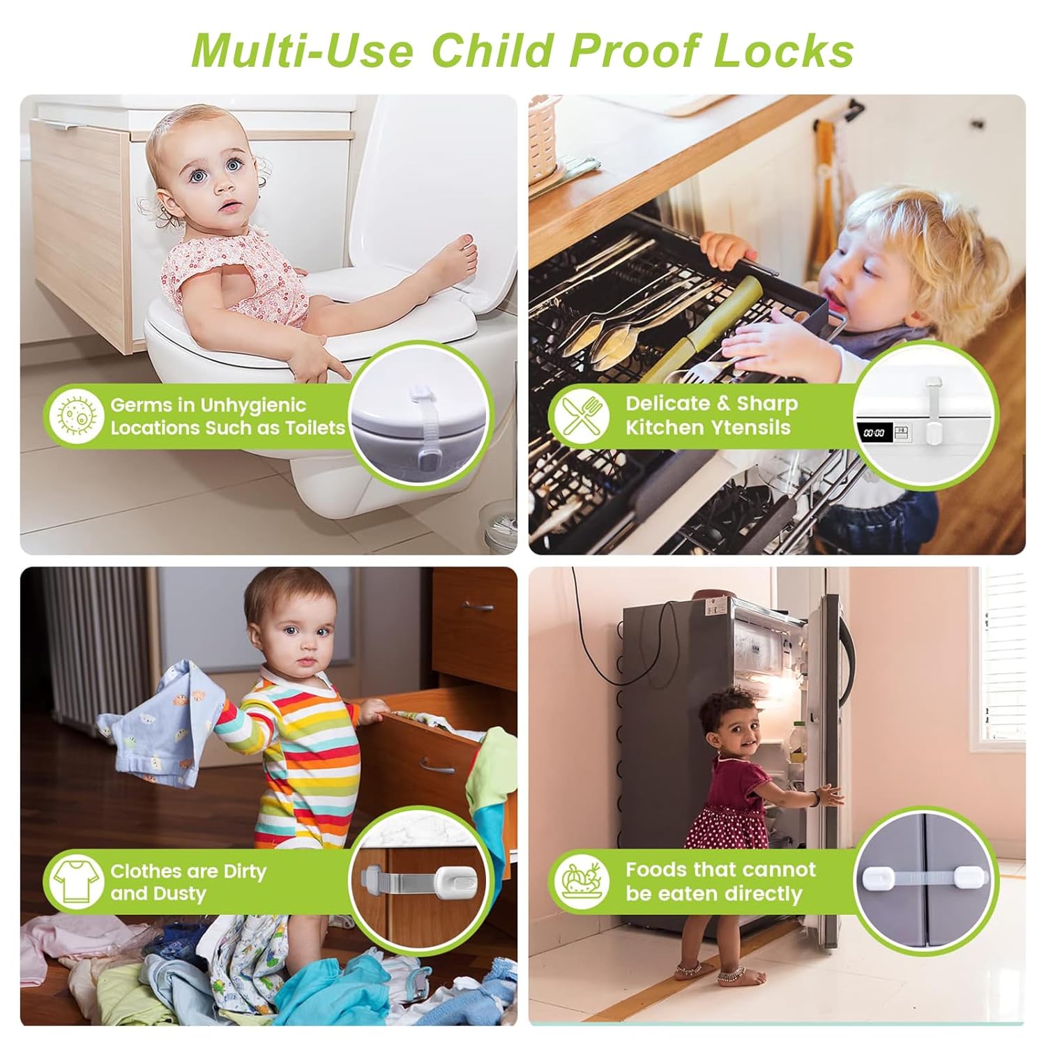 Demonstrates various applications of child safety locks in different areas of the home to protect children from potential hazards. Highlights how the product ensures child safety in multiple…