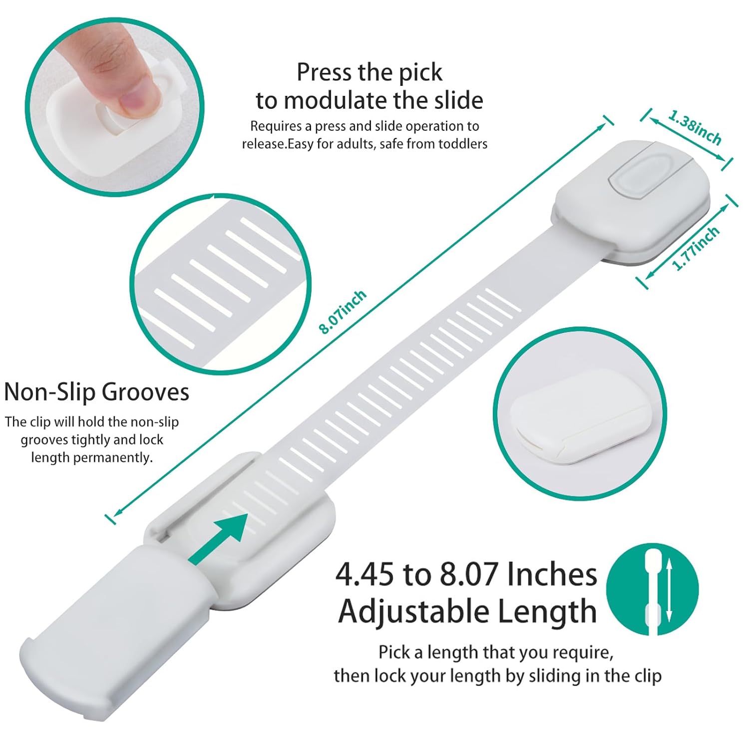 Explains how to use the adjustable child safety lock, highlighting its ease of use for adults and safety features for toddlers. Shows the product's adjustable length range and exact dimensions to…