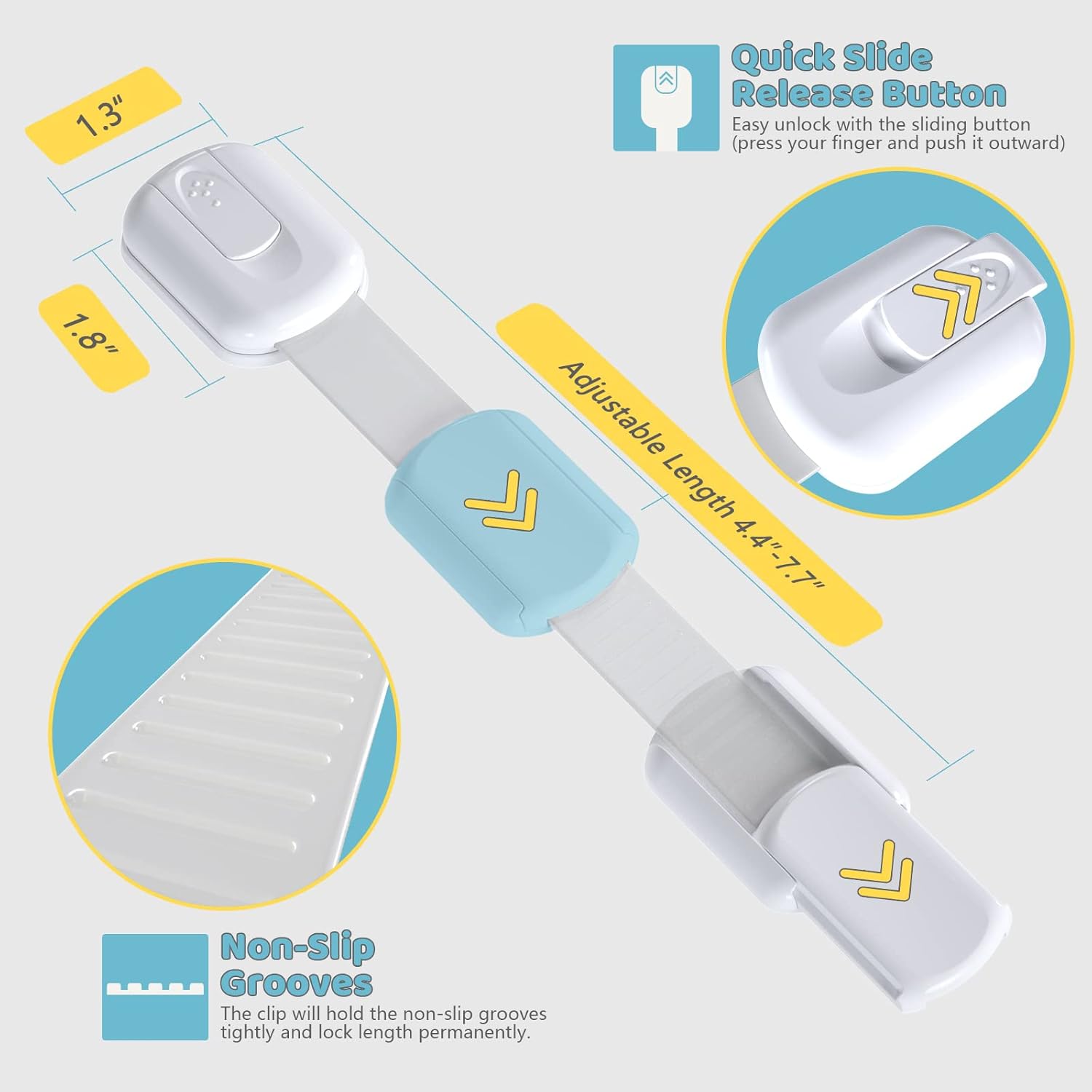 Highlights key features of the product design to show ease of use and versatility. Provides exact measurements to inform customers about the product's size and adjustability range.