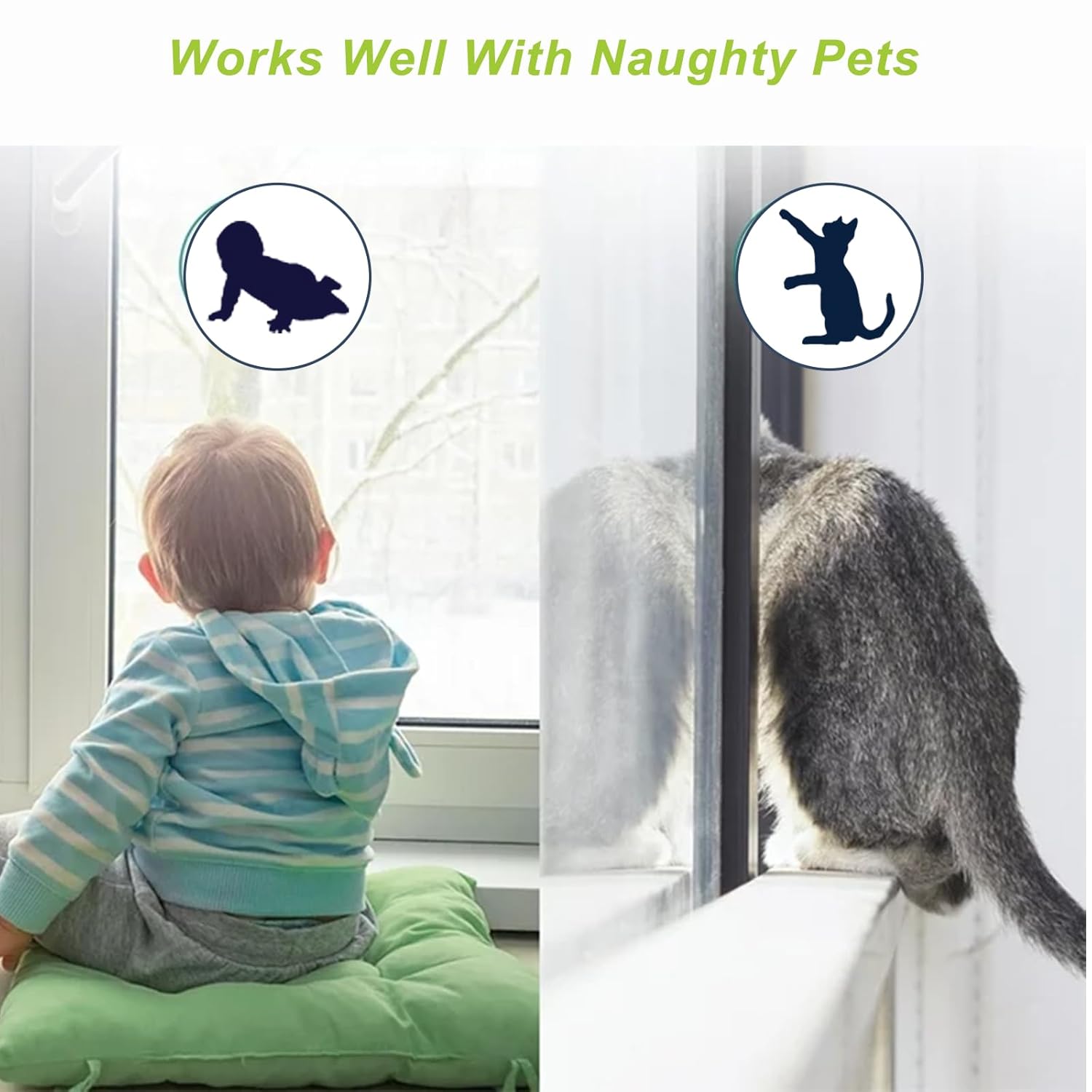 Demonstrates how the product (likely a window safety device) works well for both pets and children, protecting them from potential window-related accidents.