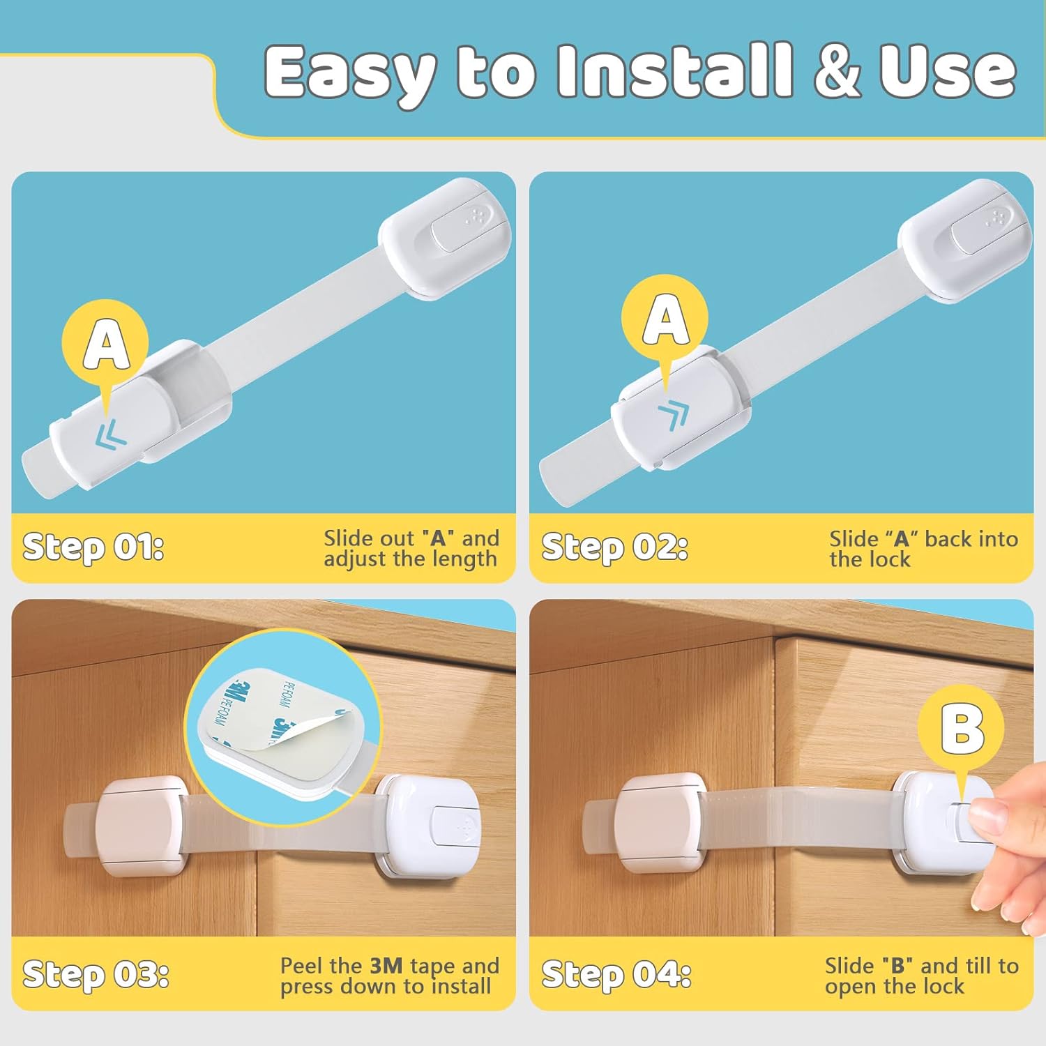 Demonstrates the simple steps to install and use a child safety lock for cabinets, reassuring parents about ease of use and effectiveness.