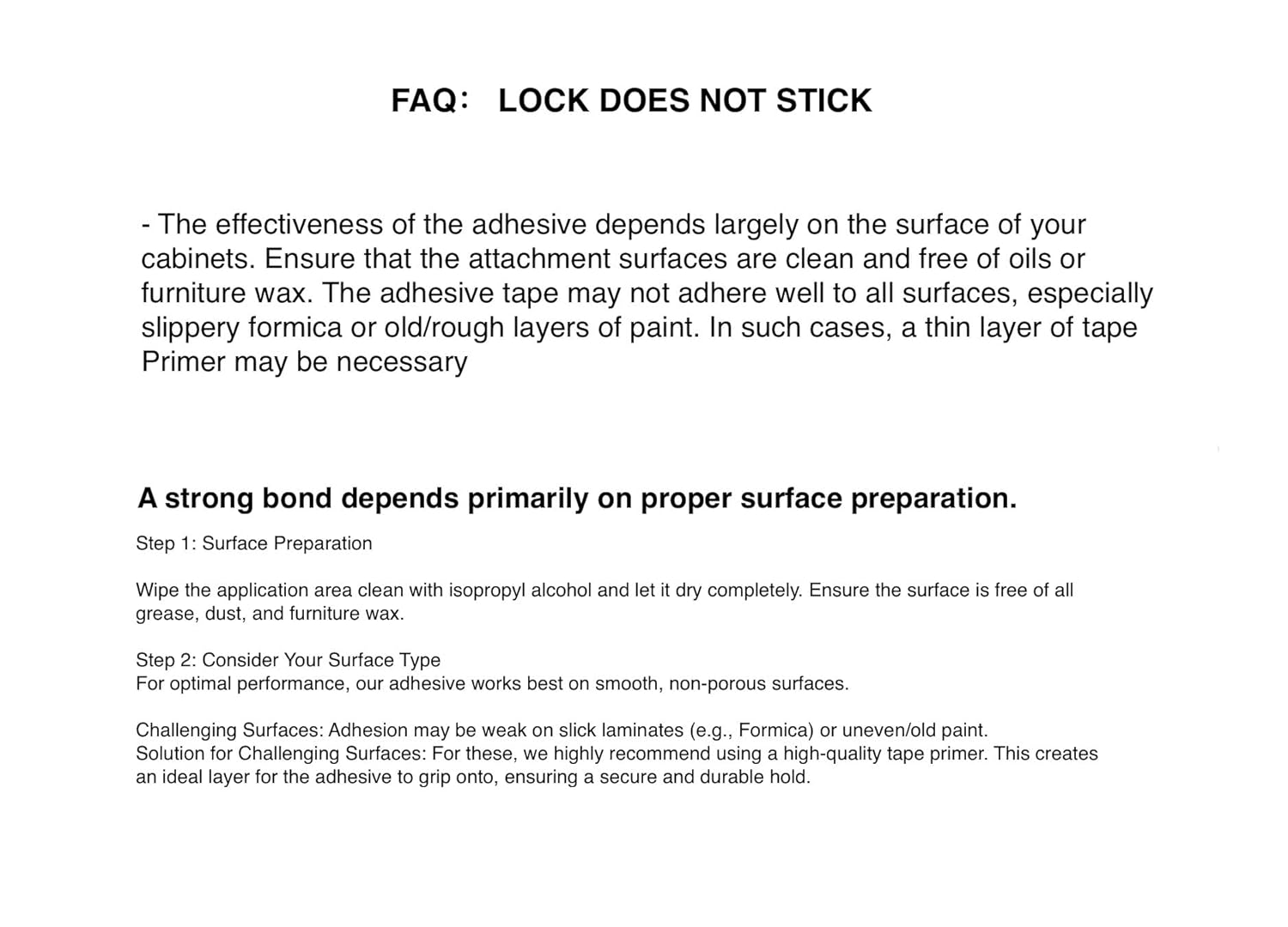 Provides step-by-step instructions on how to properly prepare surfaces for optimal adhesive performance, addressing common issues with lock installation.