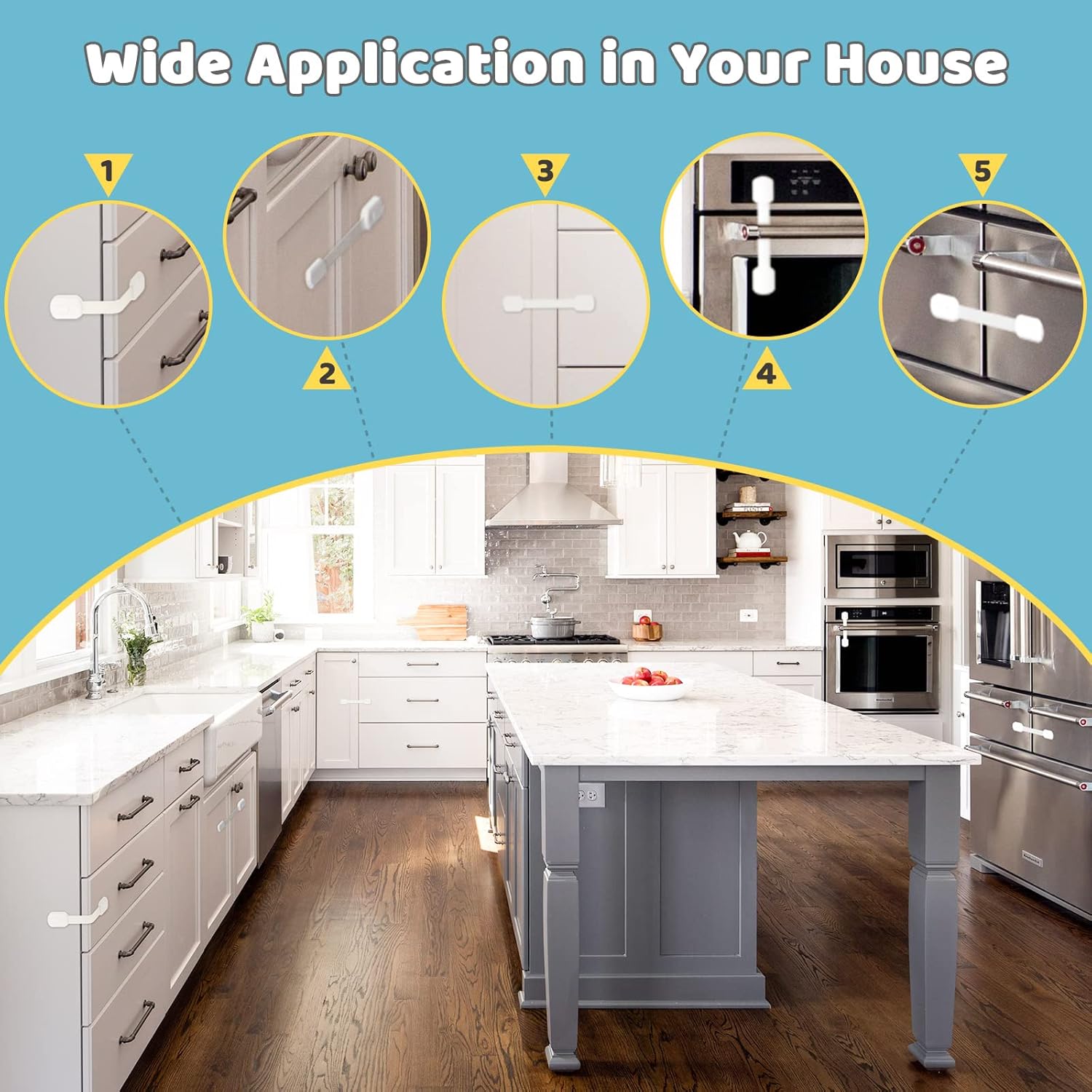 Demonstrates various uses of the product throughout a kitchen to childproof different cabinets and appliances, showing its versatility in home safety applications.