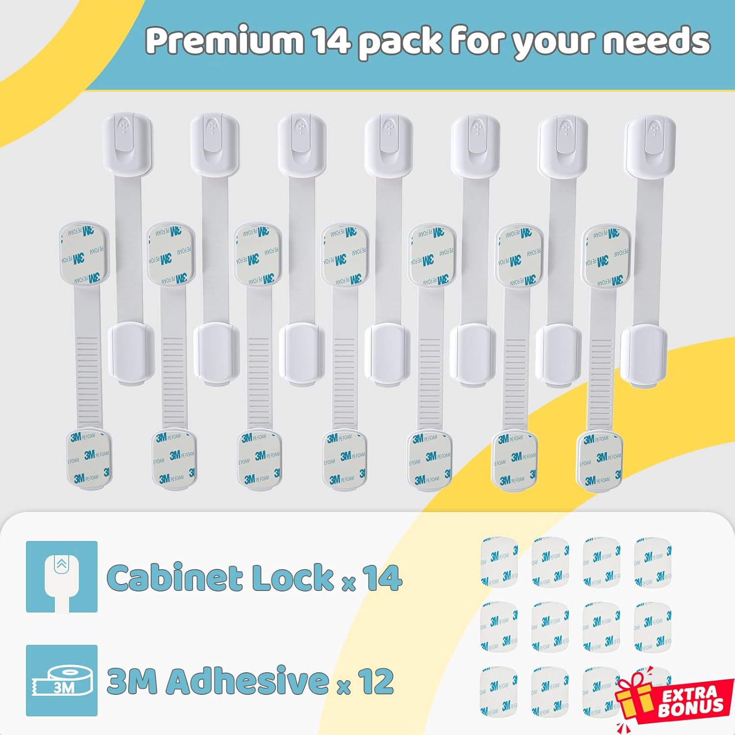 Shows the complete set of 14 cabinet locks and 12 3M adhesive pads included in the package, highlighting the quantity and components for child safety.