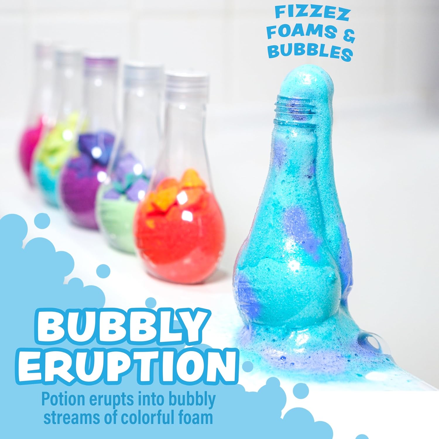 Highlights the product's key feature of creating a colorful, foamy eruption to excite children and demonstrate its fun, interactive nature.