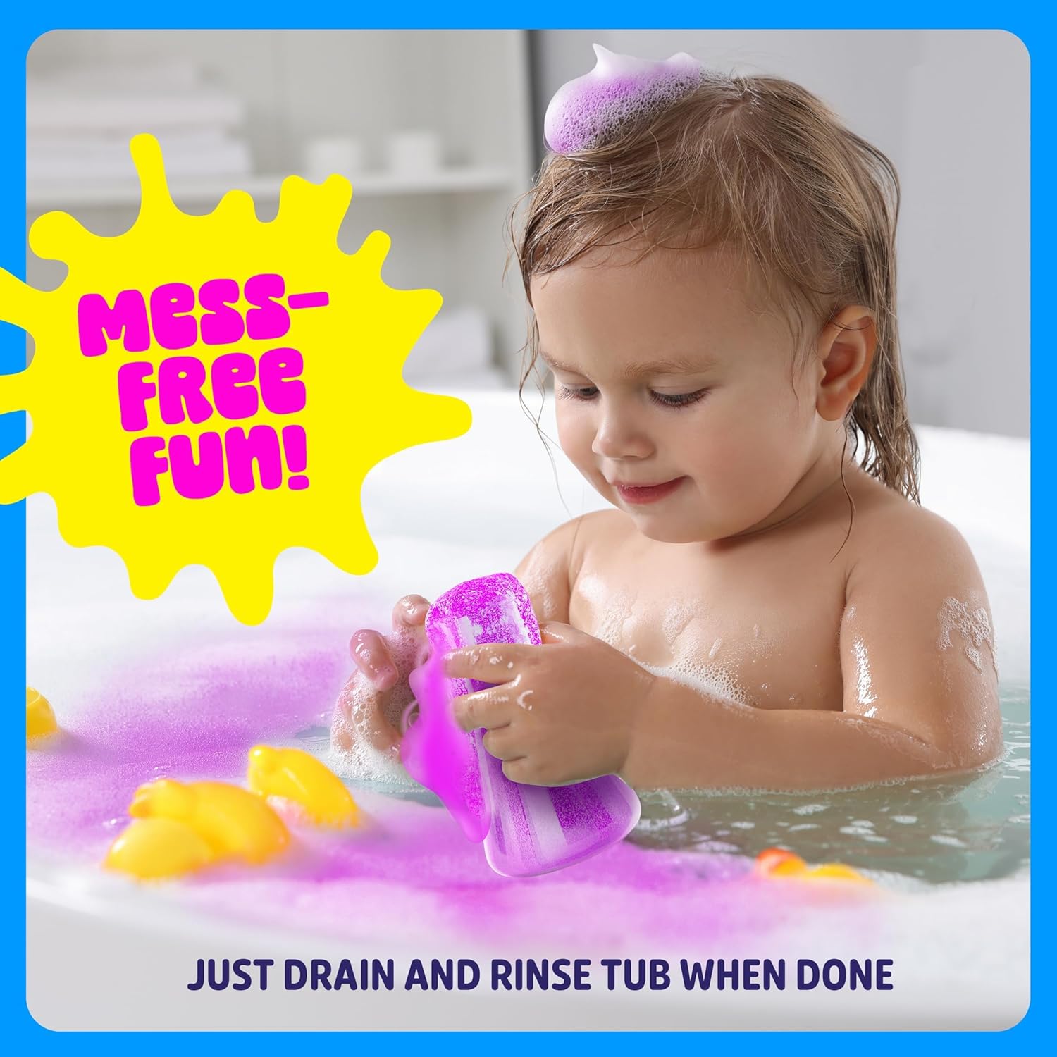 Highlights the product's ability to provide fun bath time for children without creating a mess, reassuring parents of easy cleanup.
