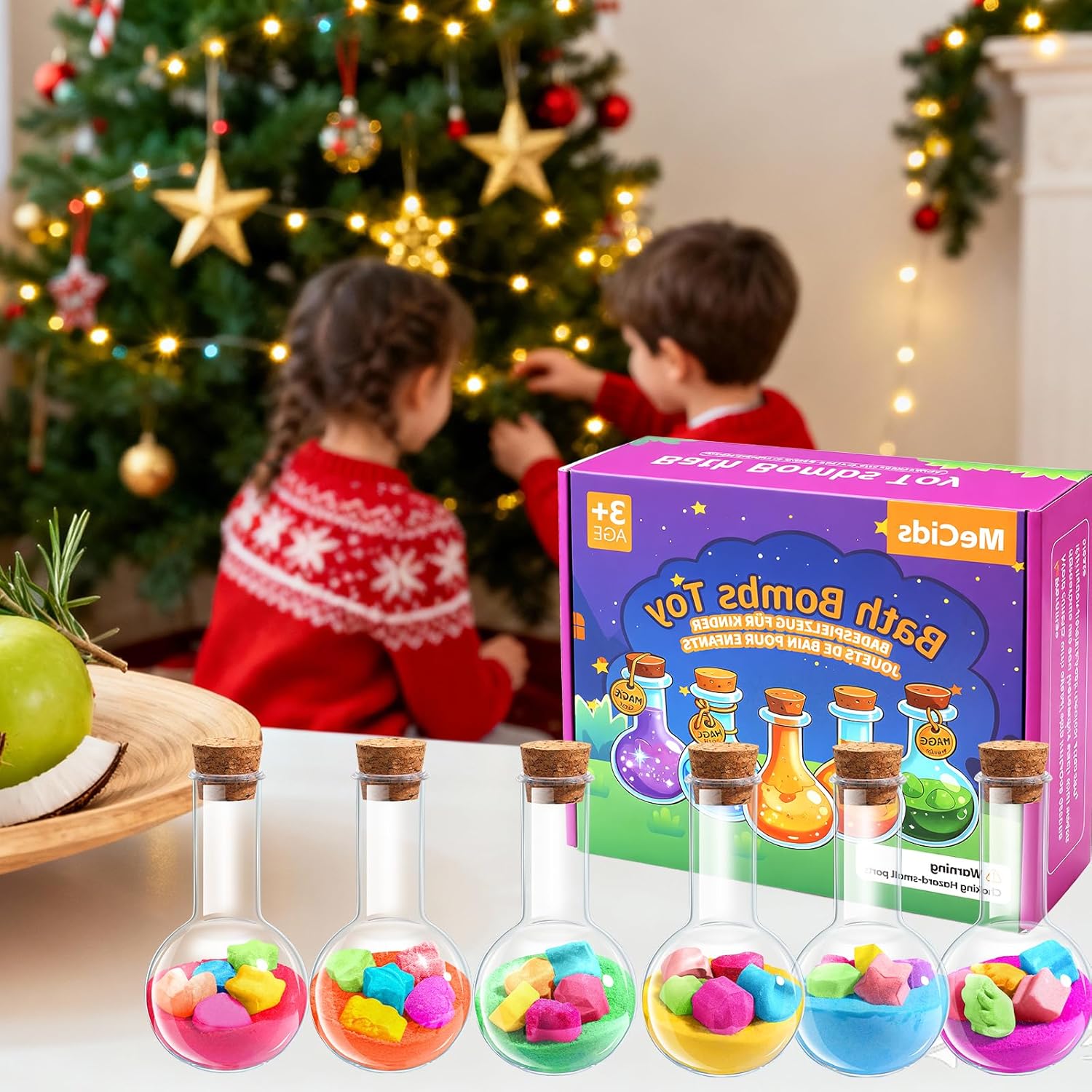 Showcases the product as an ideal Christmas gift for children, associating it with holiday joy and family activities. Displays the contents of the bath bomb kit, showing the variety of colors and…