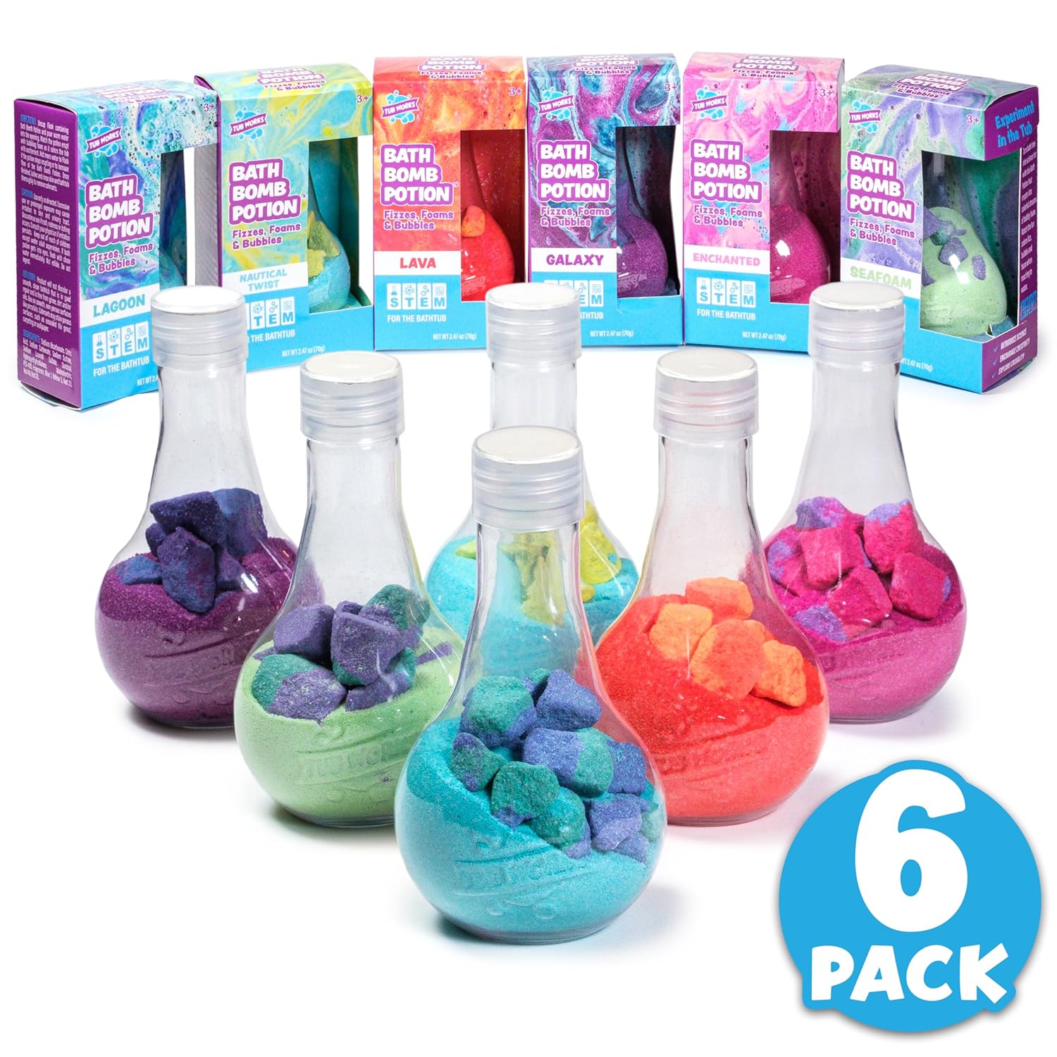 Showcases the variety of bath bomb potions included in the set, highlighting different colors and themes to appeal to children and parents.