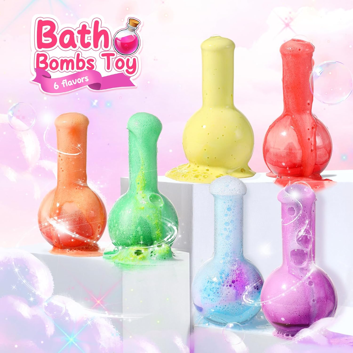 Showcases the variety of colorful bath bomb options available, emphasizing the product's fun and diverse appeal for bath time.