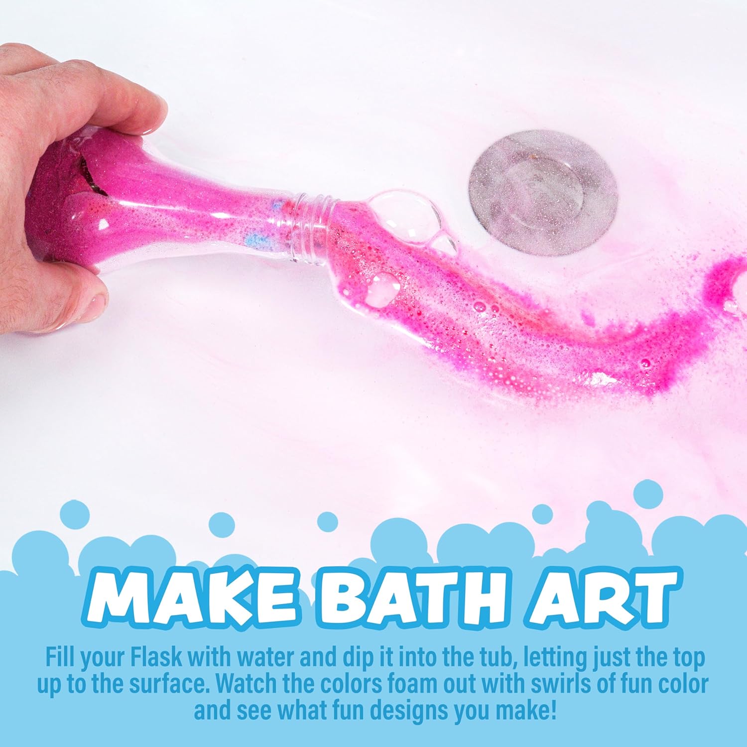 Demonstrates how to use the product to create colorful bath art, encouraging creative play during bath time.