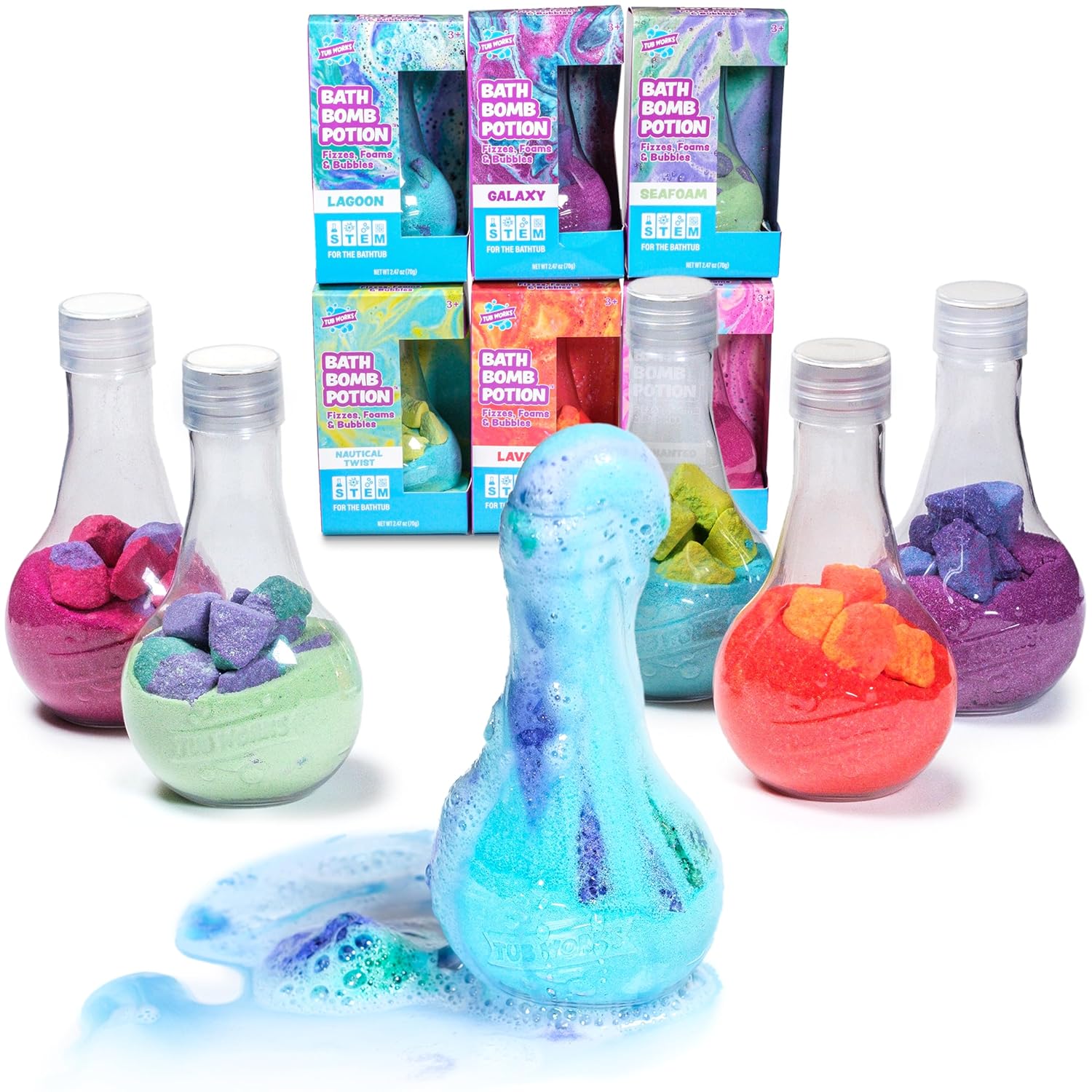 Shows the variety of bath bomb potions included in the set, highlighting different scents and colors available. Demonstrates how the product combines educational STEM concepts with fun bath time…