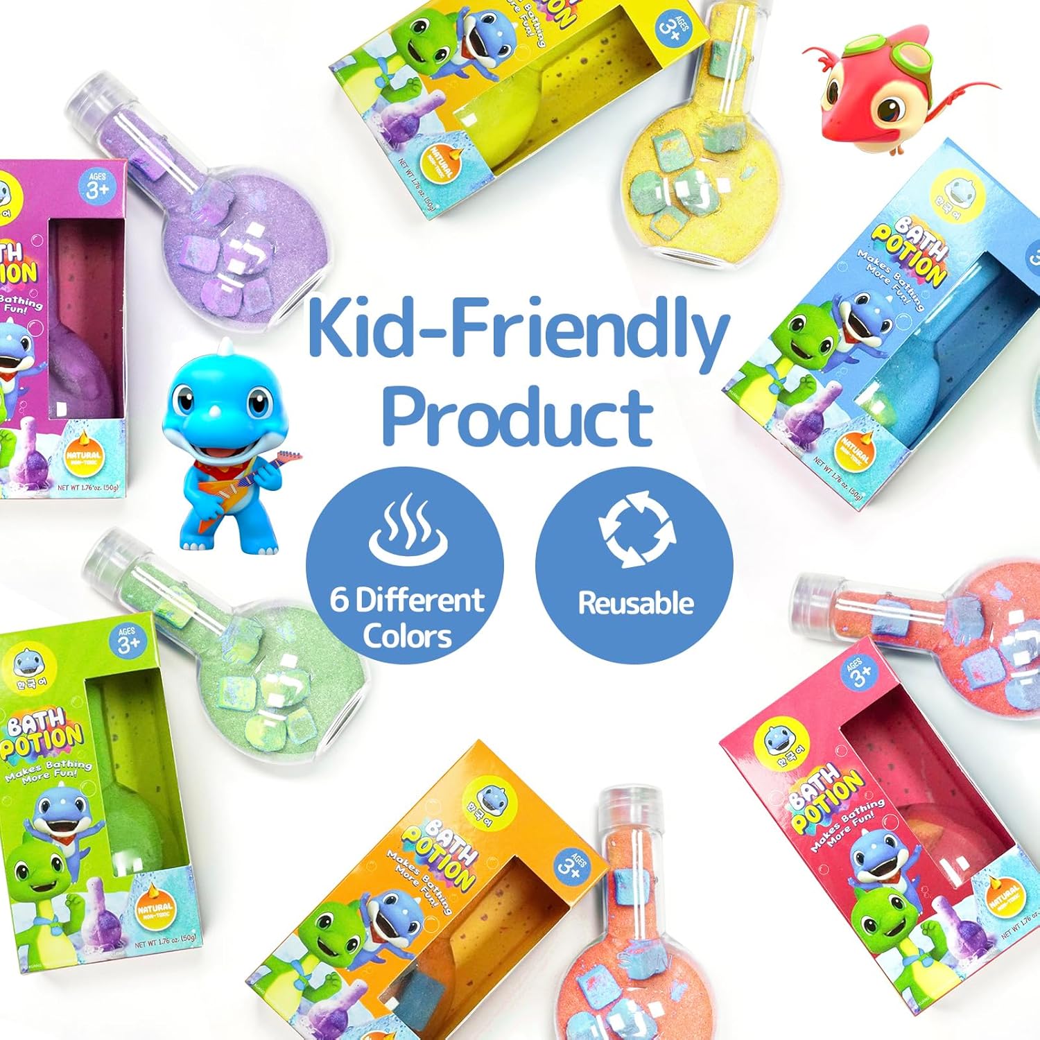 Highlights multiple kid-friendly features of the bath product, including different color options and reusability.