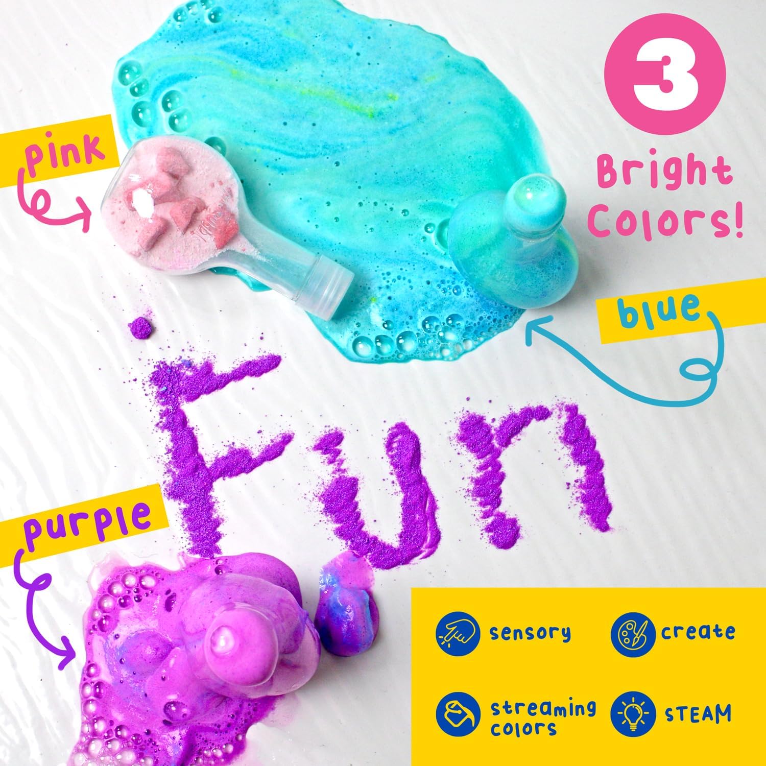 Showcases multiple features of the product including vibrant colors, sensory exploration, and creative play opportunities.