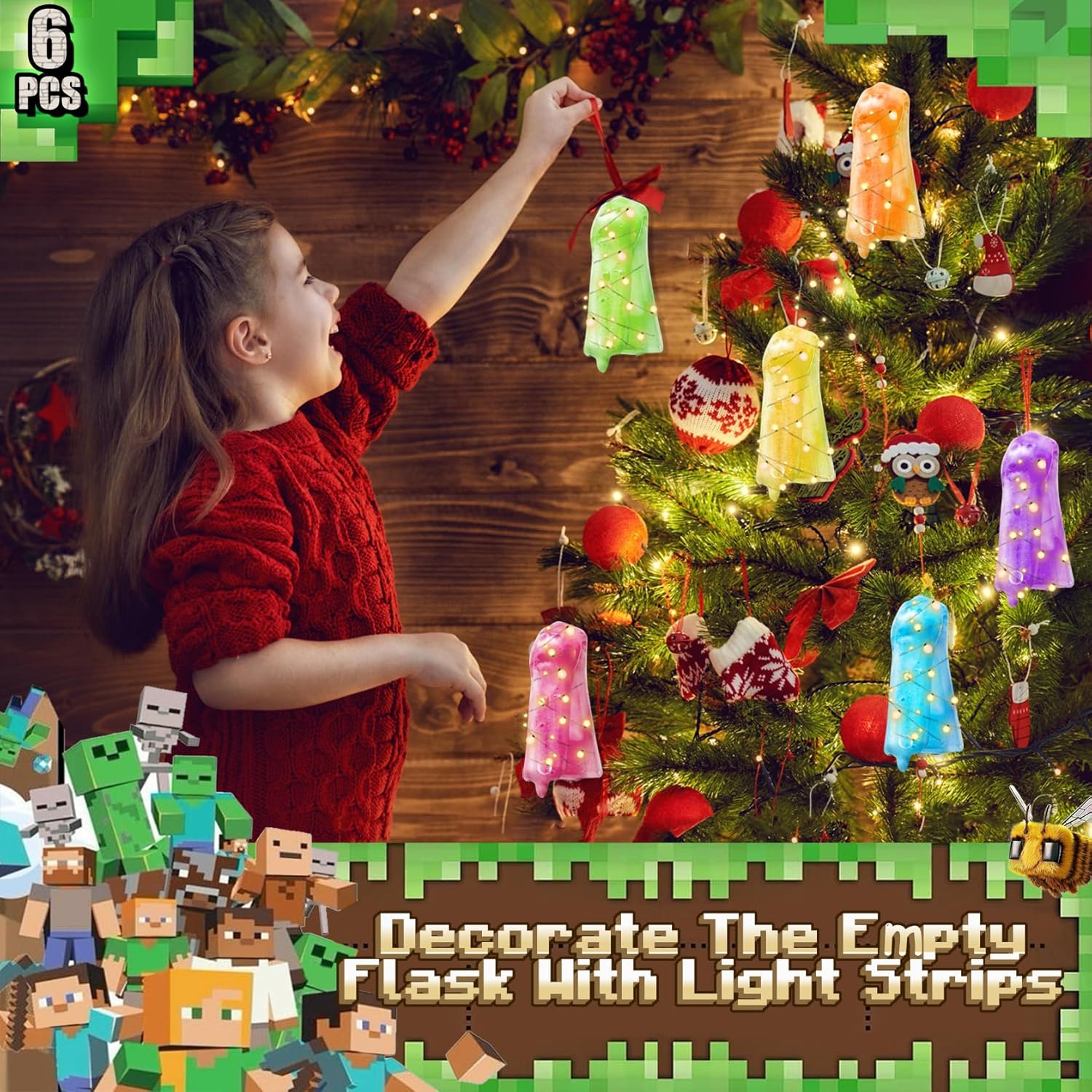 Showcases the product as a fun and festive Christmas tree ornament, appealing to holiday shoppers and Minecraft fans. Demonstrates how the product can be used to decorate a Christmas tree, showing…