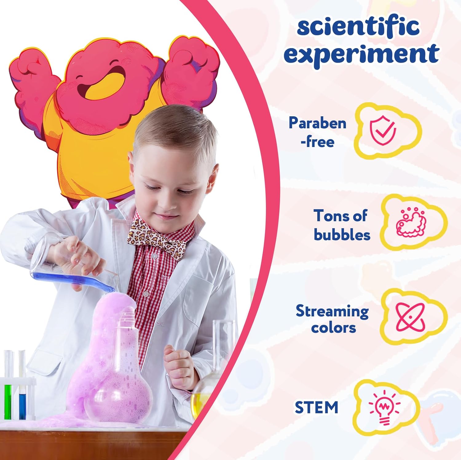 Highlights multiple features of the scientific experiment kit to appeal to parents and children, emphasizing safety, fun, and educational value.
